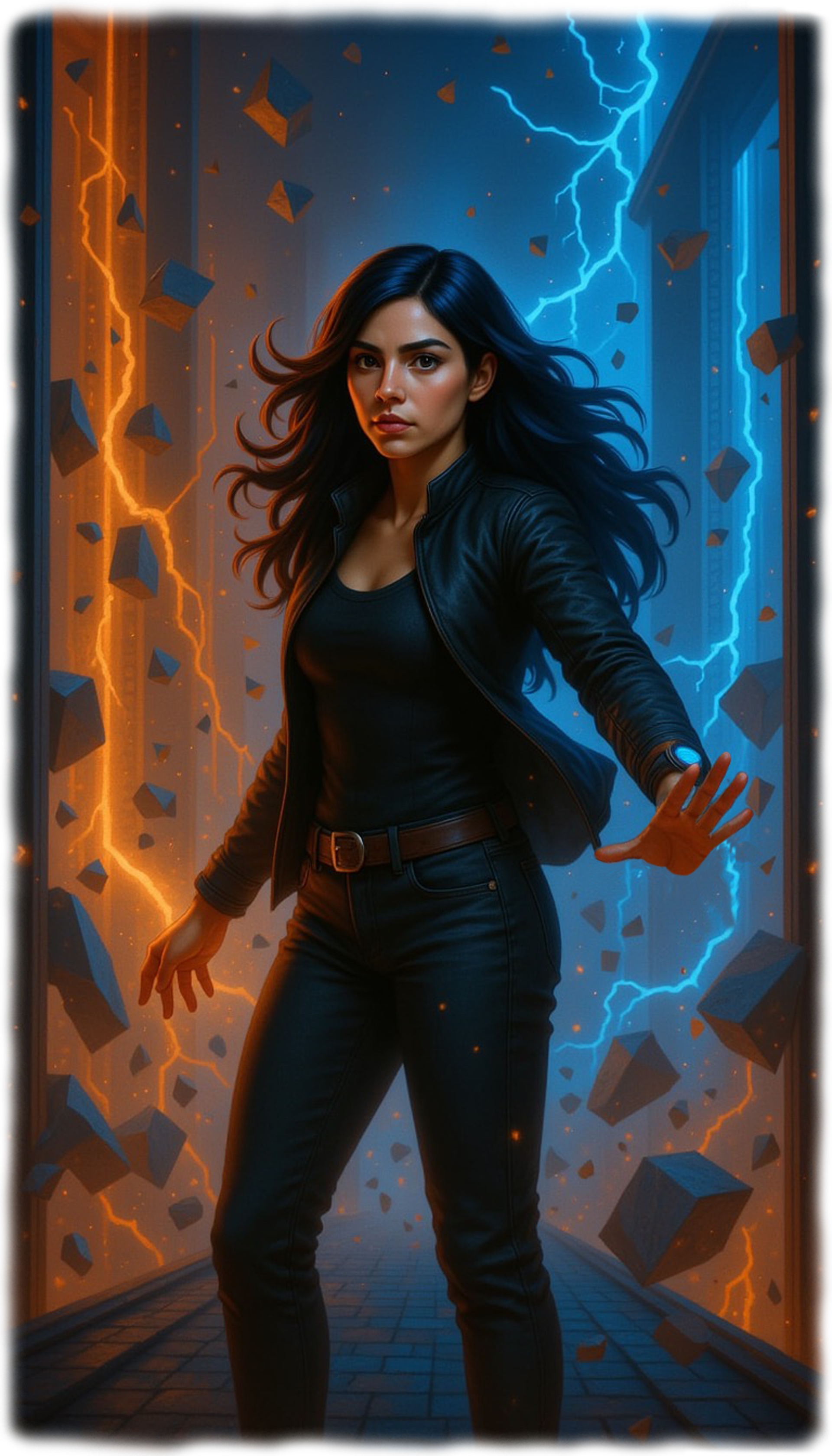 A woman with long dark hair stands in a narrow corridor as orange and blue lightning split the space apart. She wears a black leather jacket and dark clothes, extending one hand as floating fragments of broken stone hover around her. The atmosphere is charged, cinematic, and filled with unstable energy.