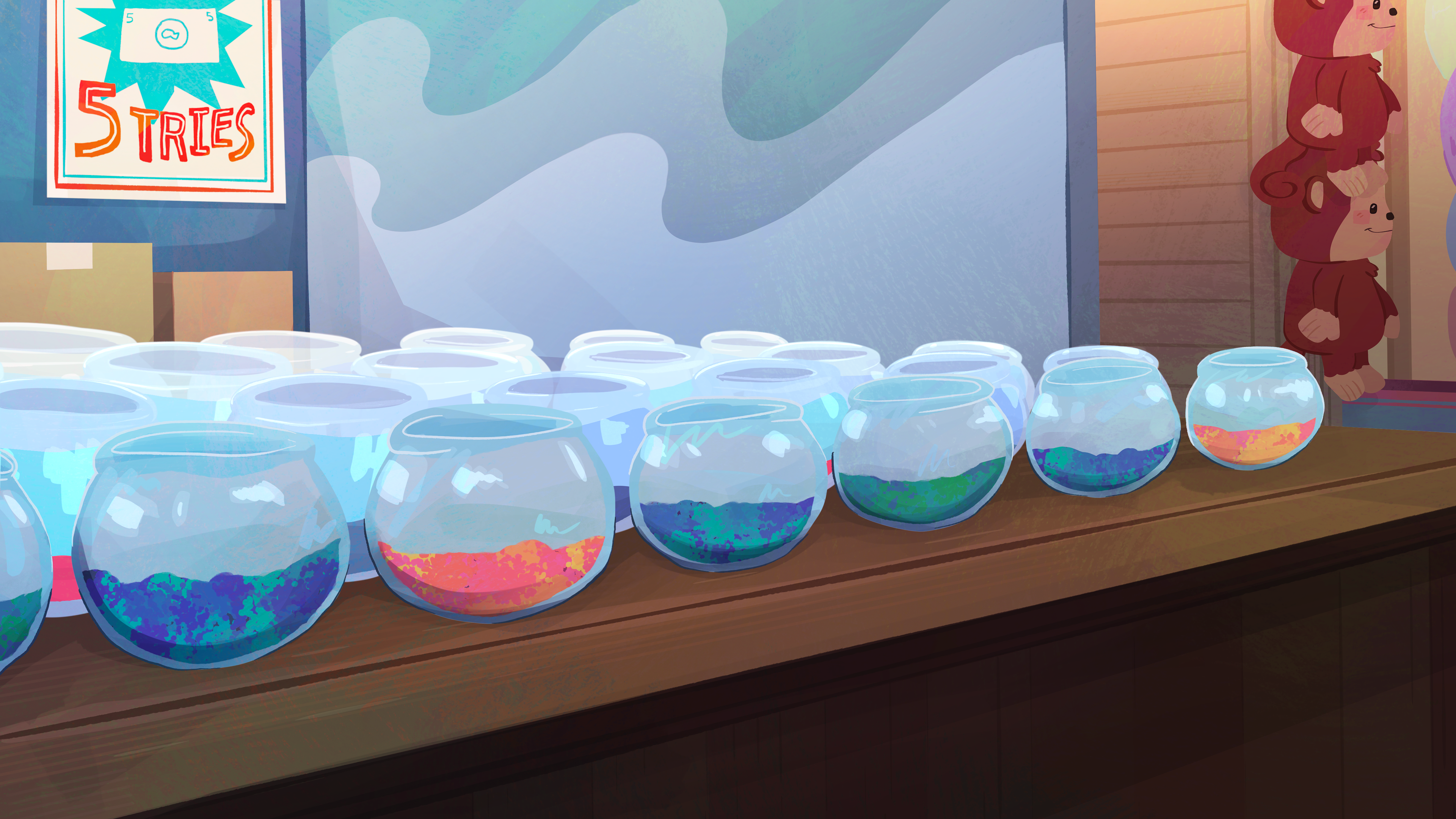 Fish Game, 2024  I rendered, color blocked, did stylistic line art, added texture, and fixed perspective to a layout done by Laura Moore. I rendered, color blocked, did stylistic line art, added texture, and fixed perspective to a layout done by Joy Niuguna. I also inserted assets by Alex Suarez