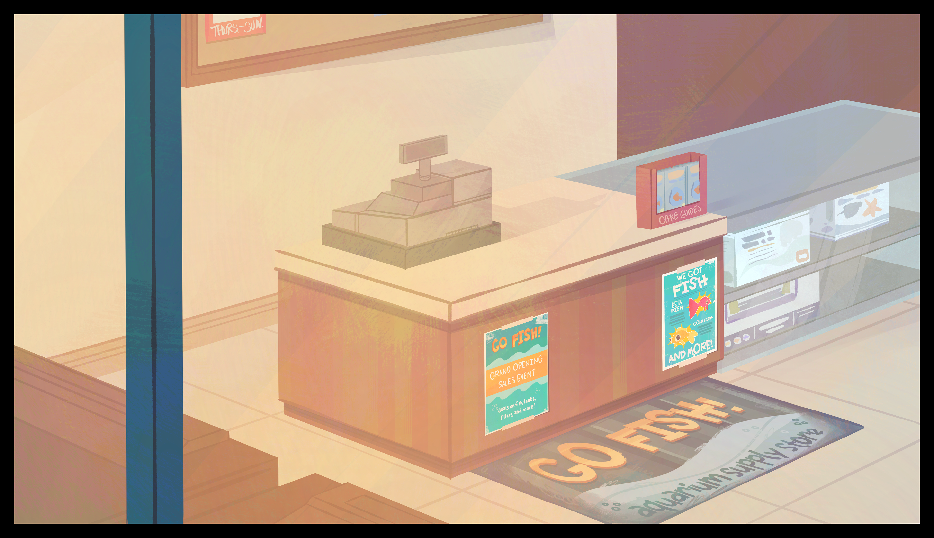 fish store background, 2024 I rendered the layout done by Laura Moore.