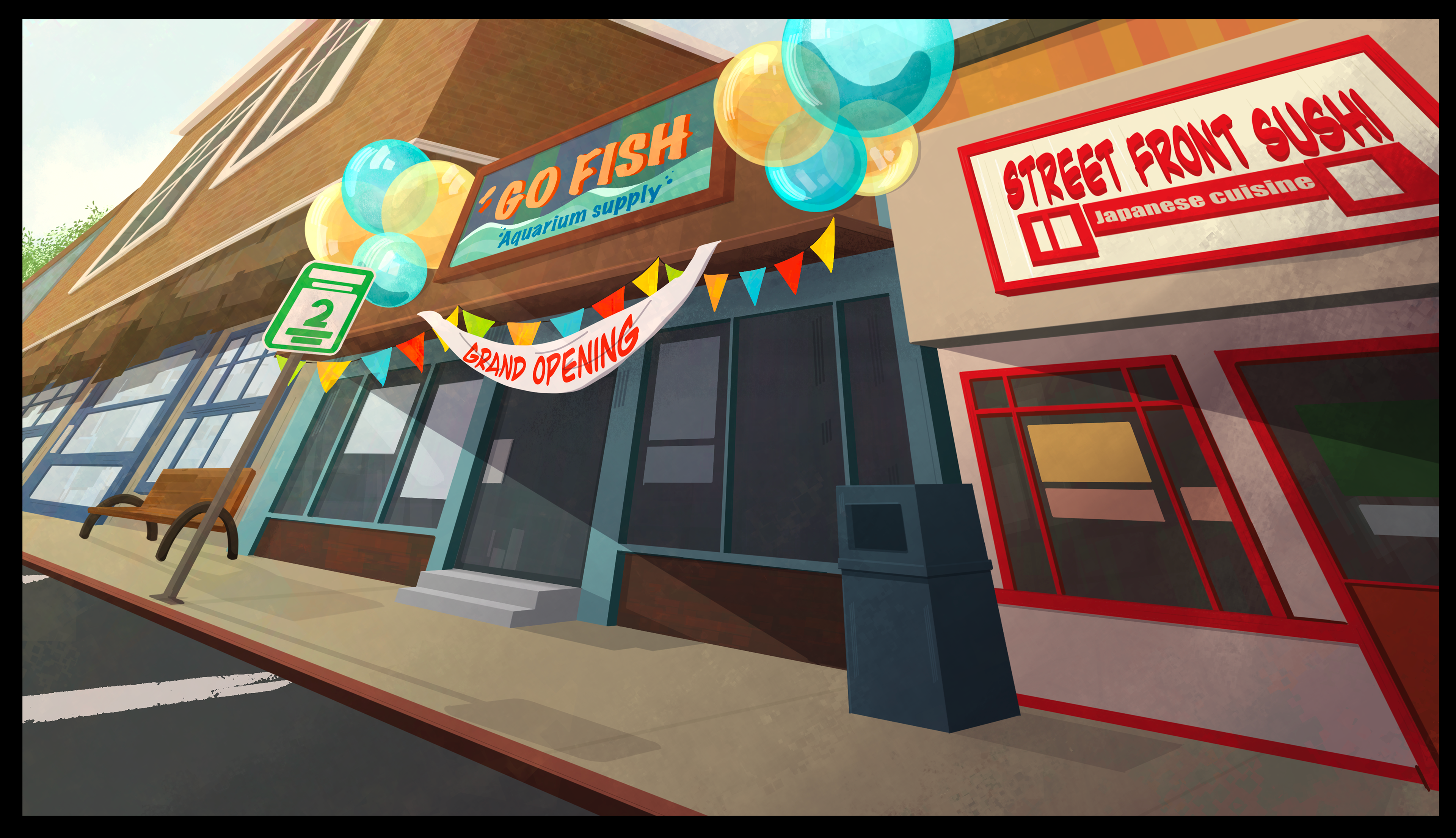 Strip mall concept for "Frankie", 2023  I rendered, color blocked, did stylistic line art, added texture, and fixed perspective to a layout done by Laura Moore, and the original sketch by Alex Suarez