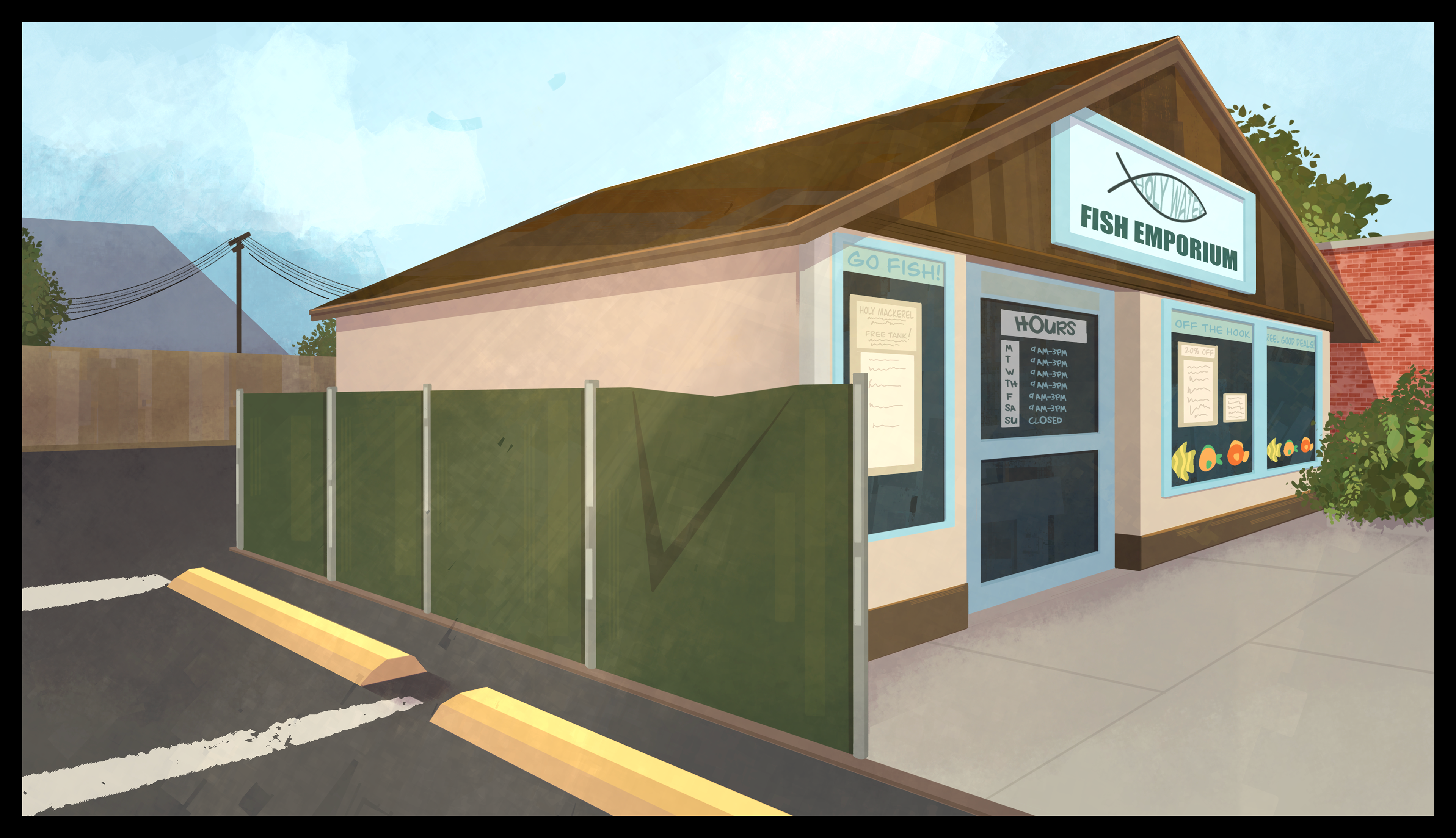 Fish store concept for "Frankie", 2023  I rendered, color blocked, did stylistic line art, added texture, and fixed perspective to a layout done by Laura Moore, and the original sketch by Alex Suarez