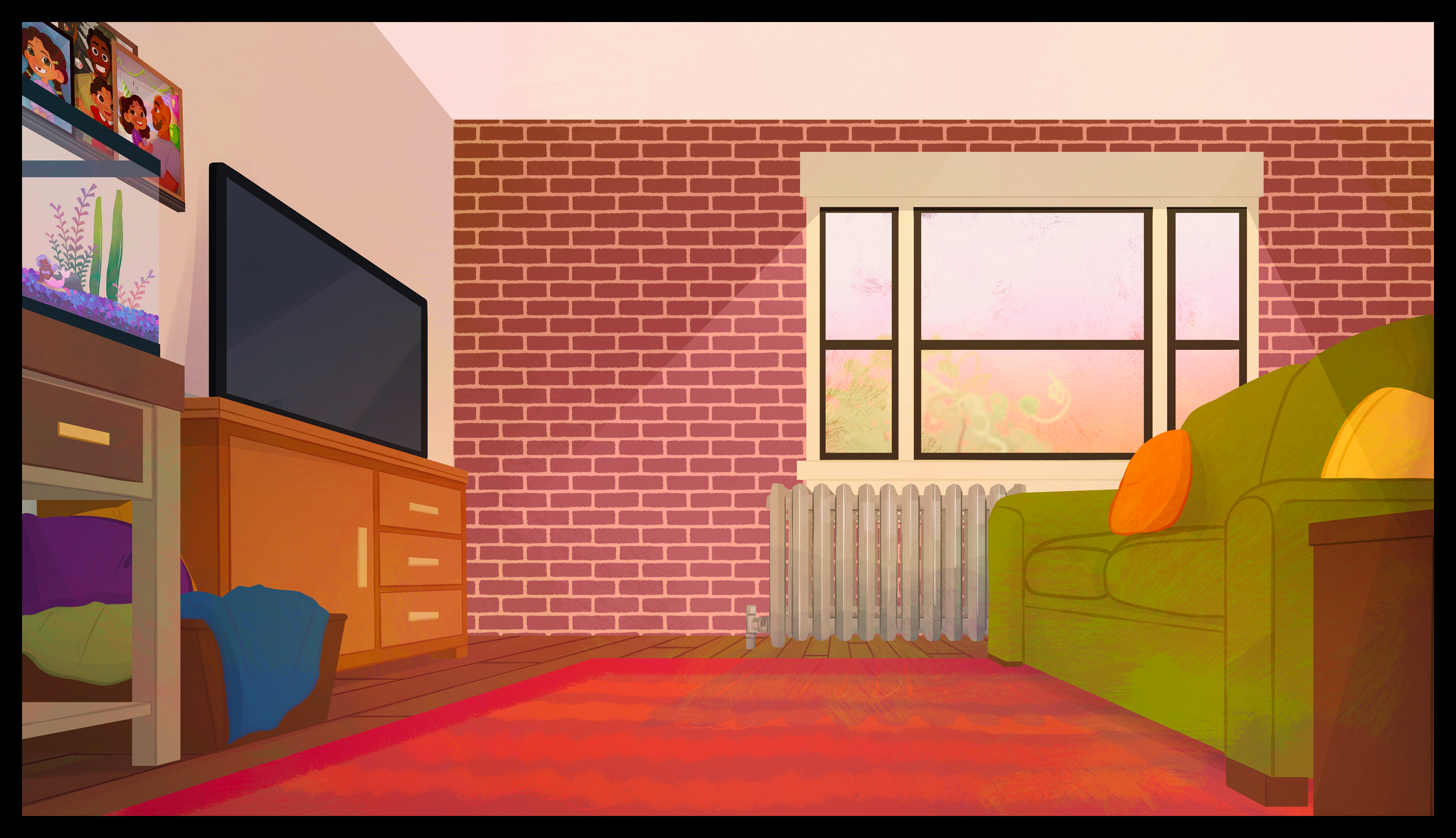Living room different angle, 2024  I rendered, color blocked, did stylistic line art, added texture, and fixed perspective to a layout done by Joy Niuguna. I also inserted assets by Alex Suarez ,and  Madison Helland
