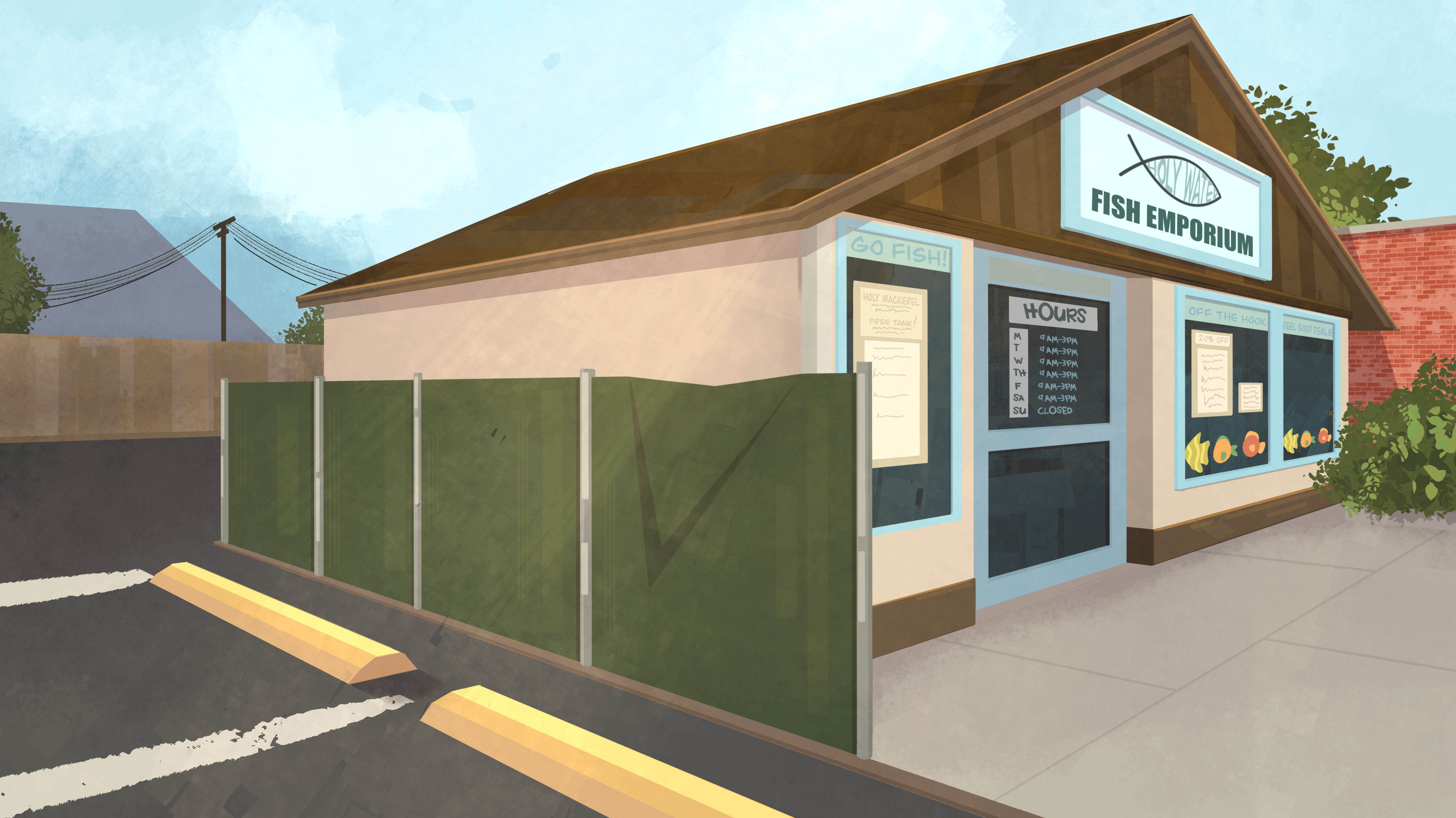 Fish store concept for "Frankie", 2023  I rendered, color blocked, did stylistic line art, added texture, and fixed perspective to a layout done by Laura Moore, and the original sketch by Alex Suarez