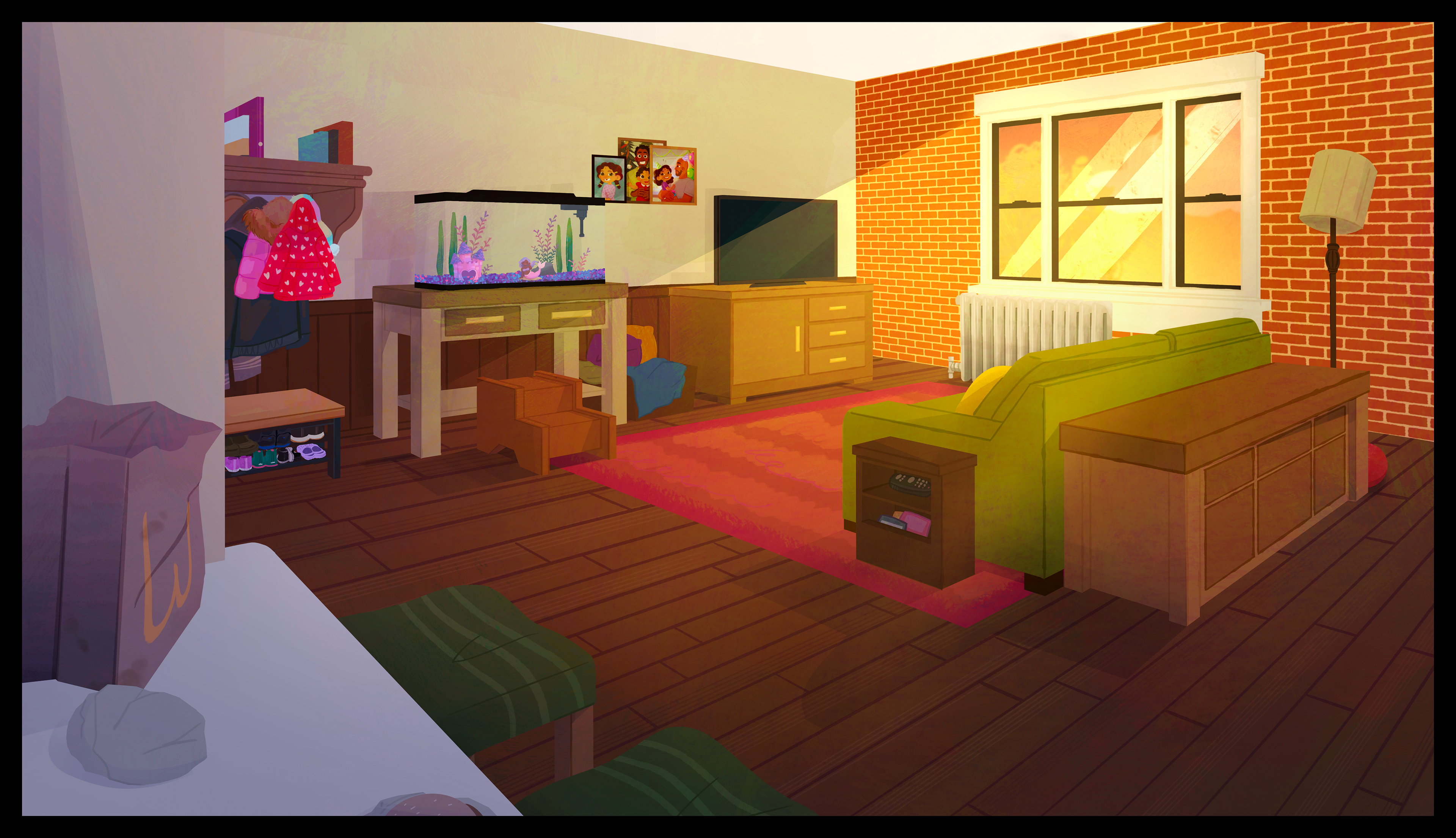 living room, 2024 I fully rendered and created the layout for the short film "Frankie". Inserted assets by Alex Suarez. and Madison Helland