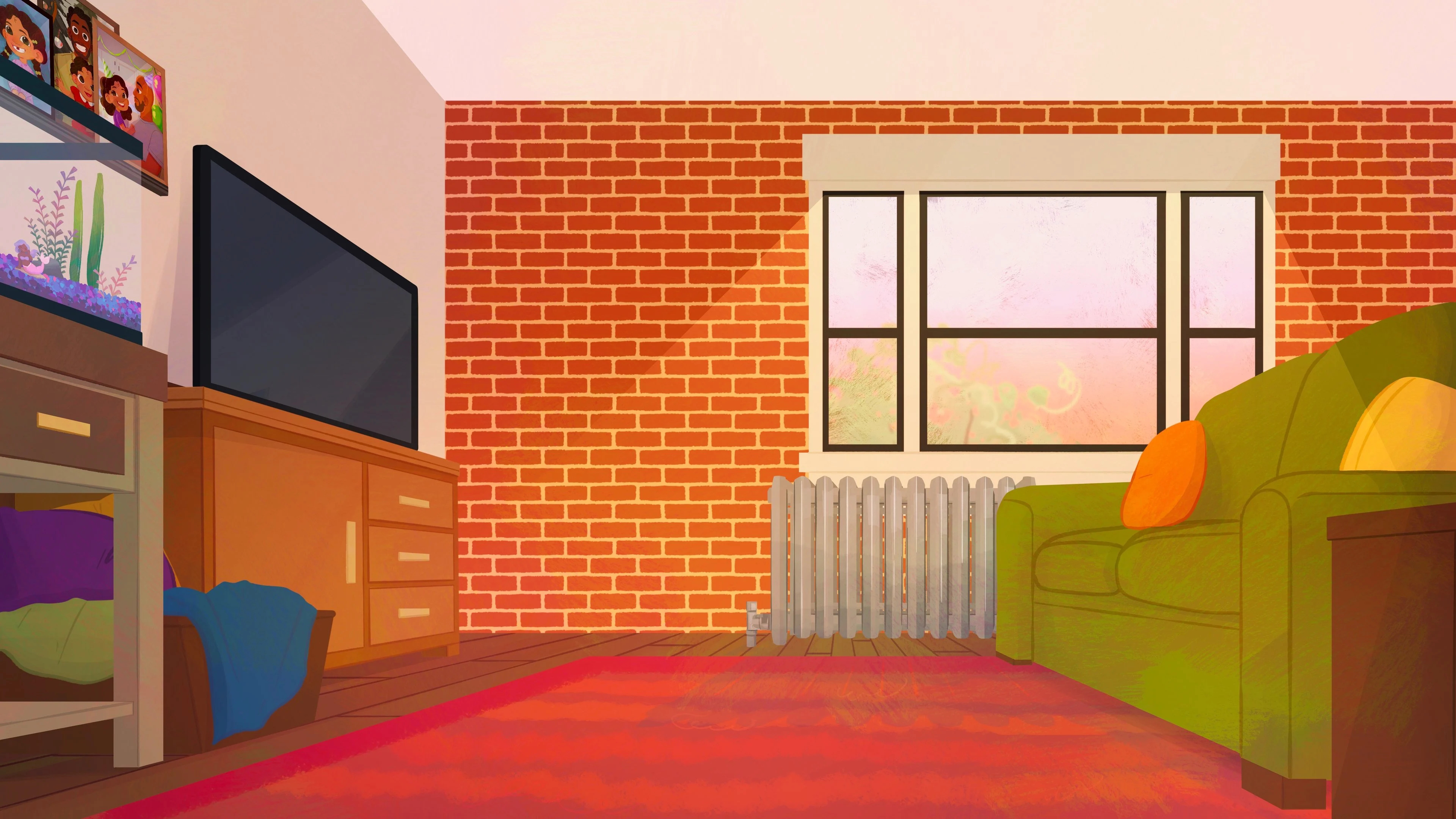 Living room different angle, 2024  I rendered, color blocked, did stylistic line art, added texture, and fixed perspective to a layout done by Joy Niuguna. I also inserted assets by Alex Suarez ,and  Madison Helland