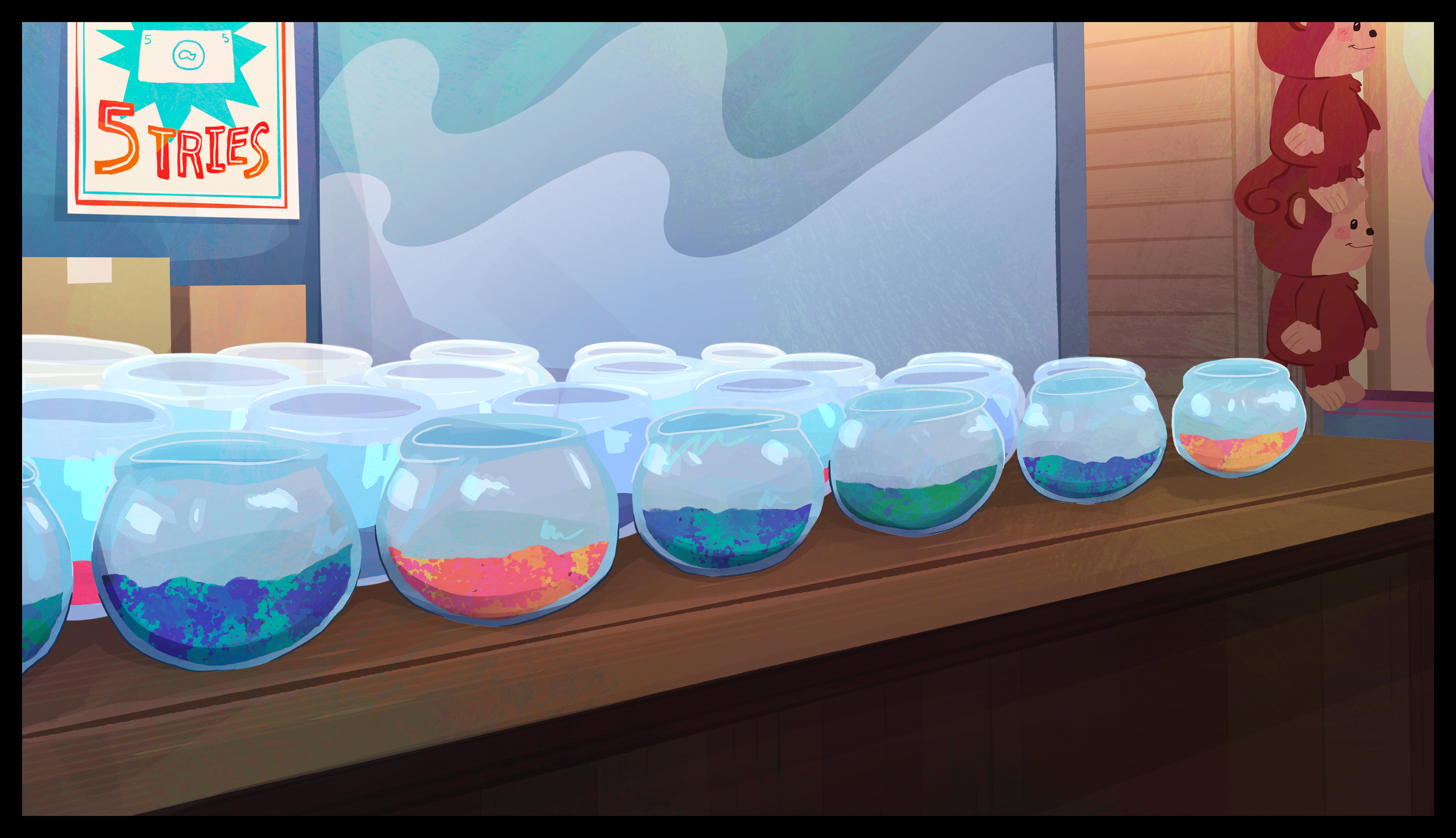 Fish Game, 2024  I rendered, color blocked, did stylistic line art, added texture, and fixed perspective to a layout done by Laura Moore. I rendered, color blocked, did stylistic line art, added texture, and fixed perspective to a layout done by Joy Niuguna. I also inserted assets by Alex Suarez