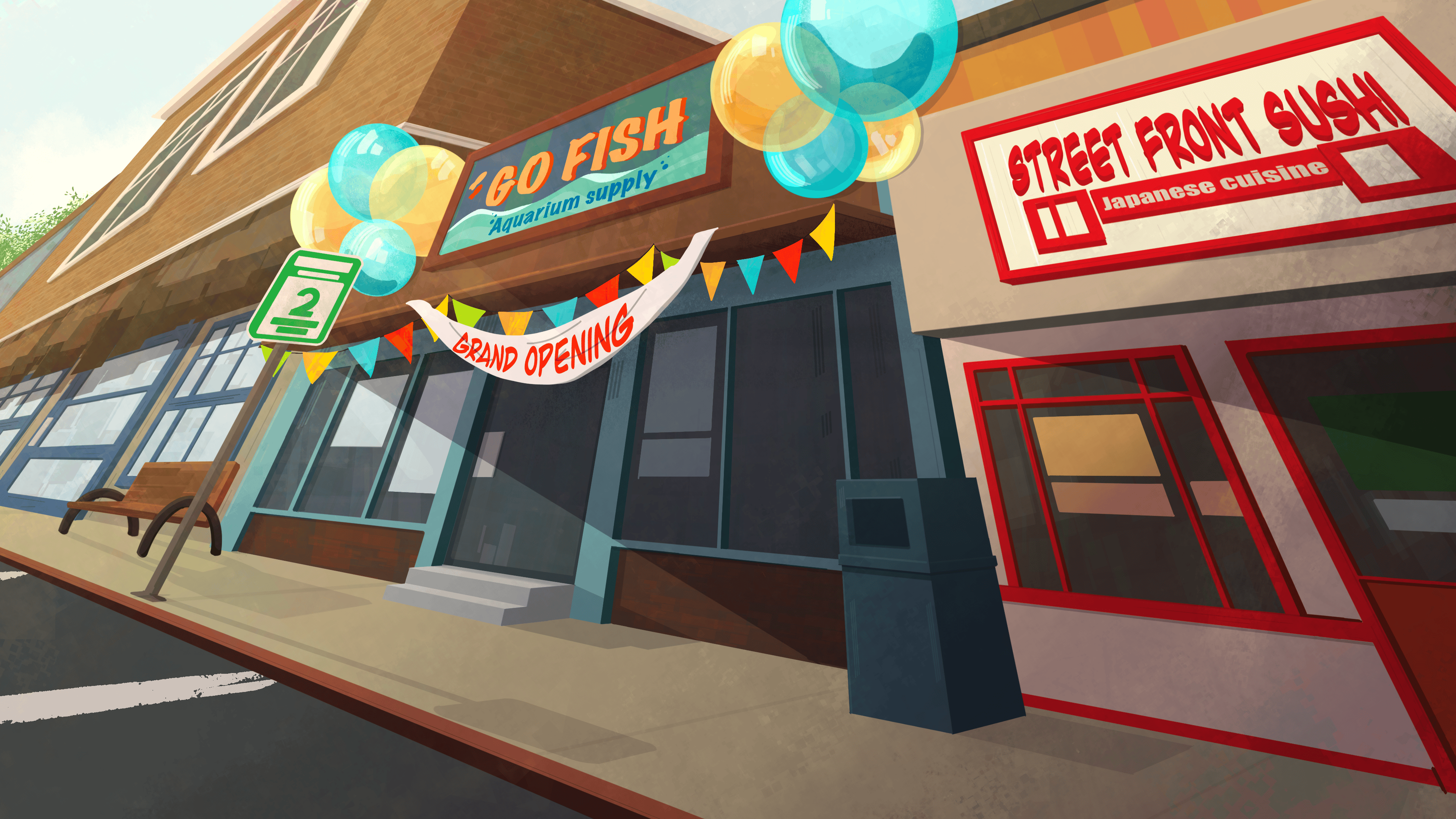 Strip mall concept for "Frankie", 2023  I rendered, color blocked, did stylistic line art, added texture, and fixed perspective to a layout done by Laura Moore, and the original sketch by Alex Suarez