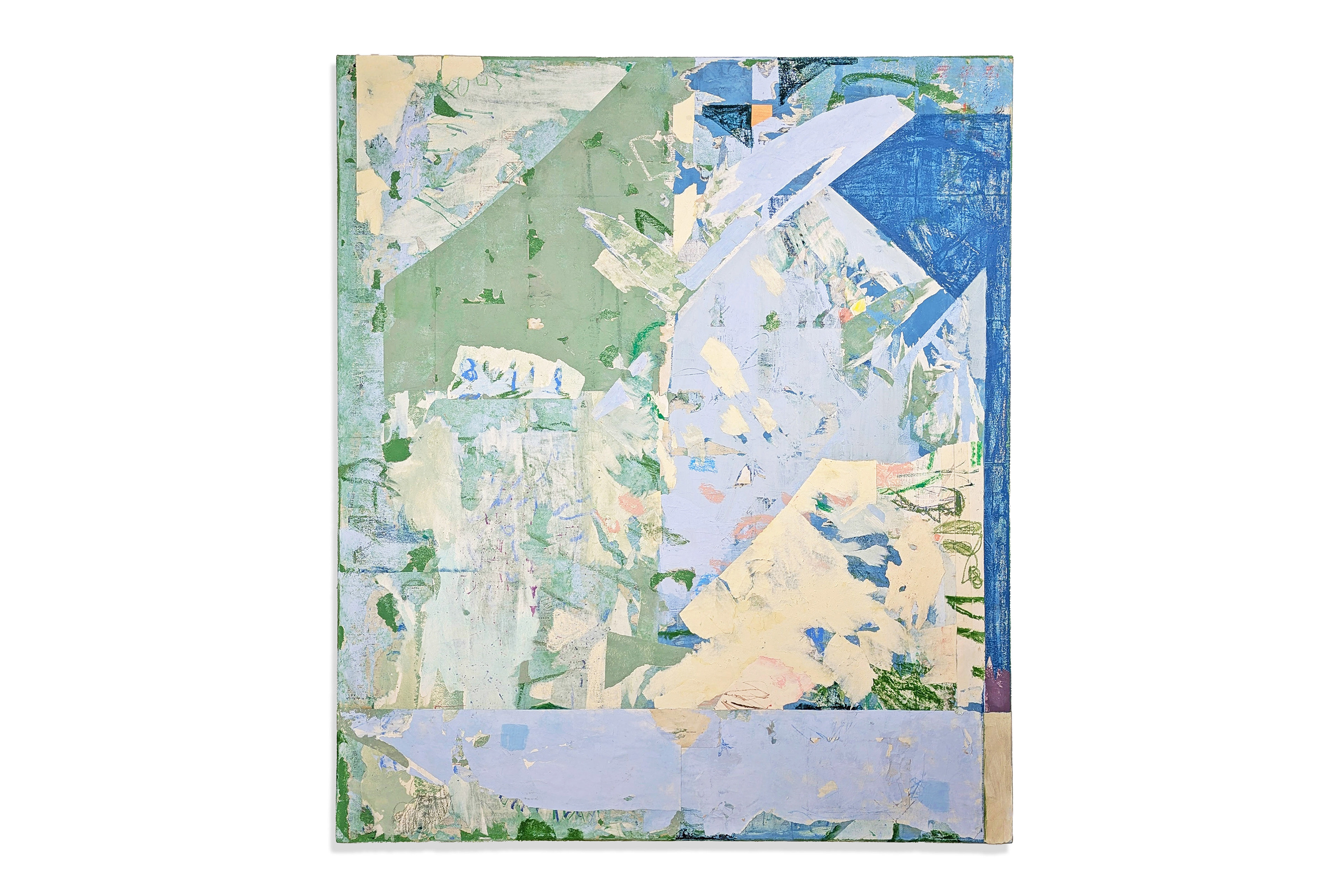 'Speaking the New Blabber,' Oliver Lunn, Vintage papers, house paint, oil stick and mixed media on canvas 140 x 120 cm, 2025