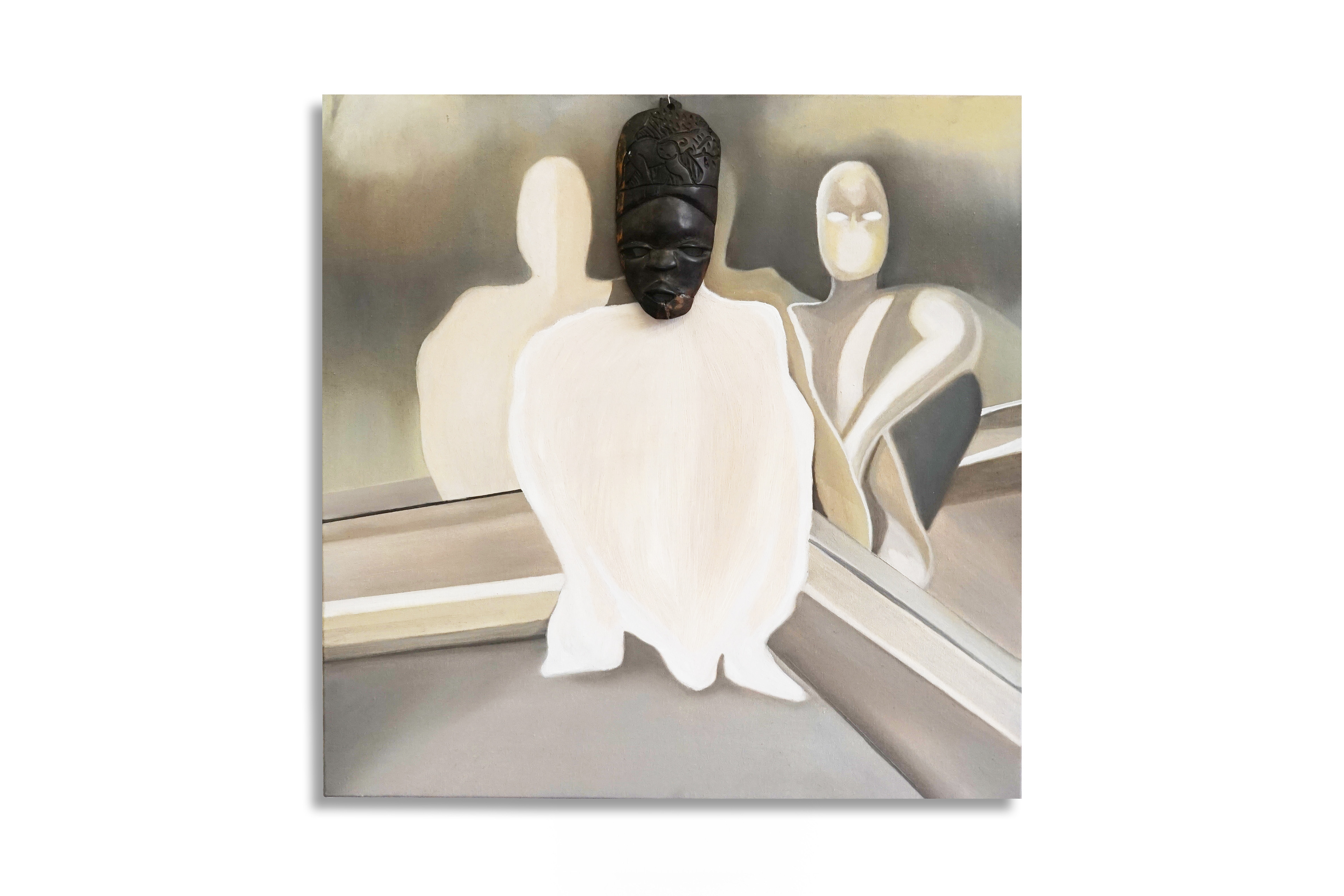 Kurasika ne kuwanikwa (Lost and Found), The Shadow of Self, Natasha Muluswela, Collected Mask from South Africa mounted on oil on Canvas, 60 x 60 cm, 2025