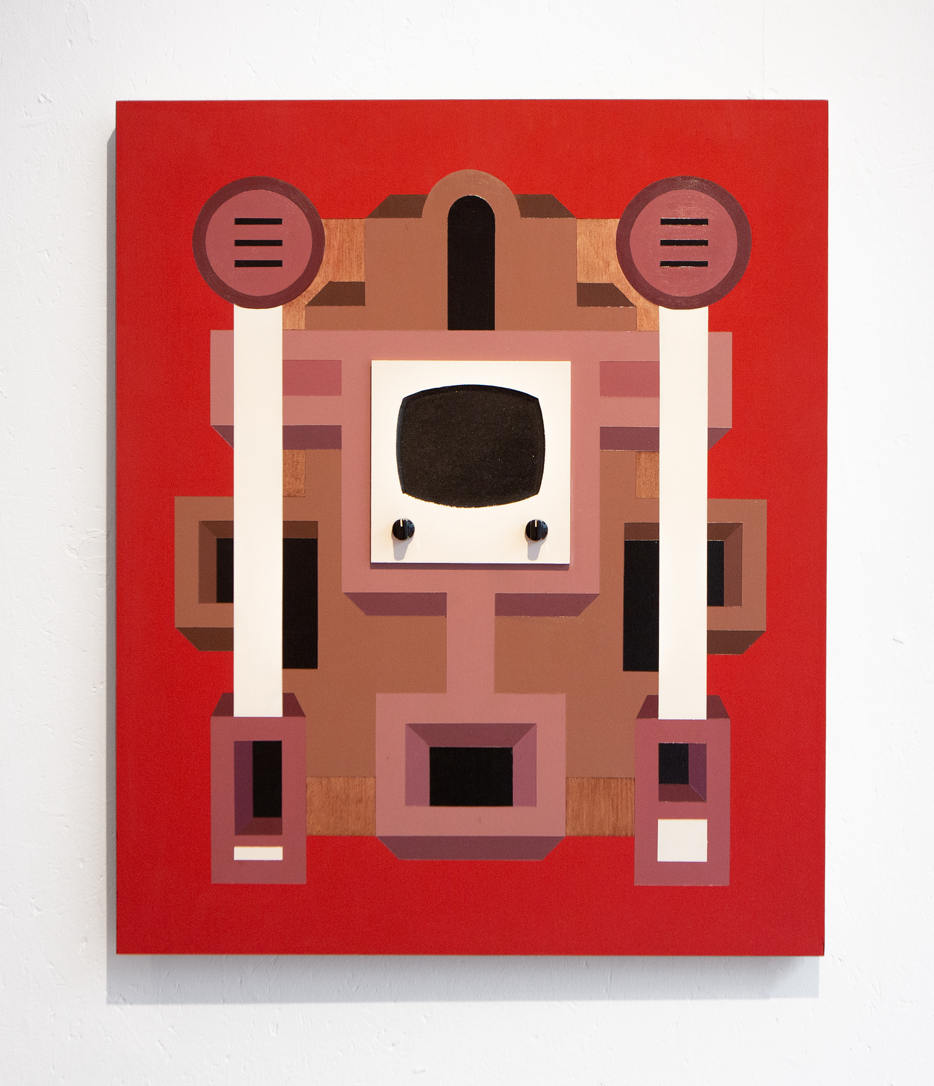 'Satellite', Acrylic, wood stain, plastic dials and sapele veneer on birch plywood, 62 x 50 x 2cm, 2024