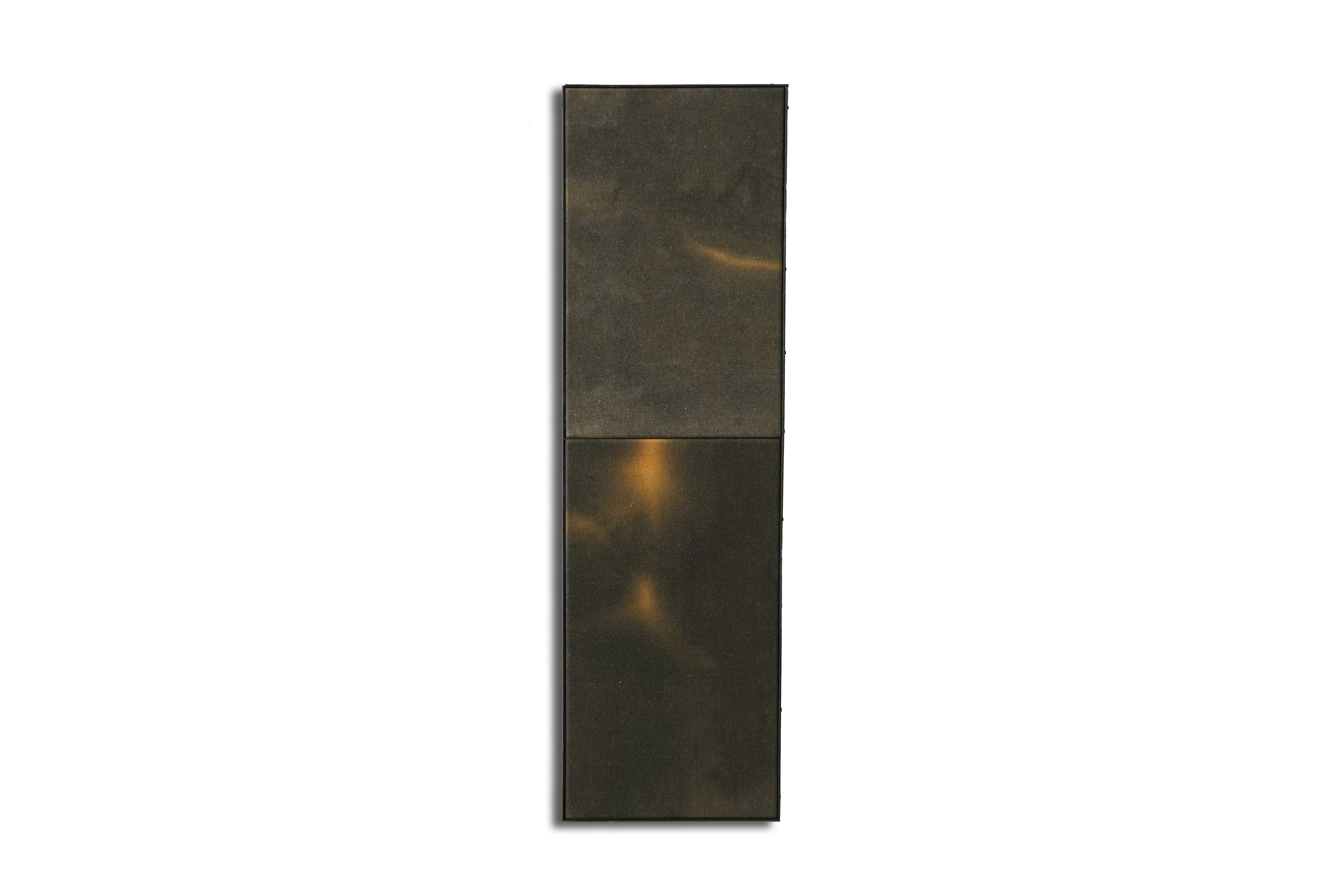 FL. LAM(2), Edoardo Rito, Motor oil, Boiled linseed oil on cotton canvas, steel frame. 86 x 25 cm, 2025