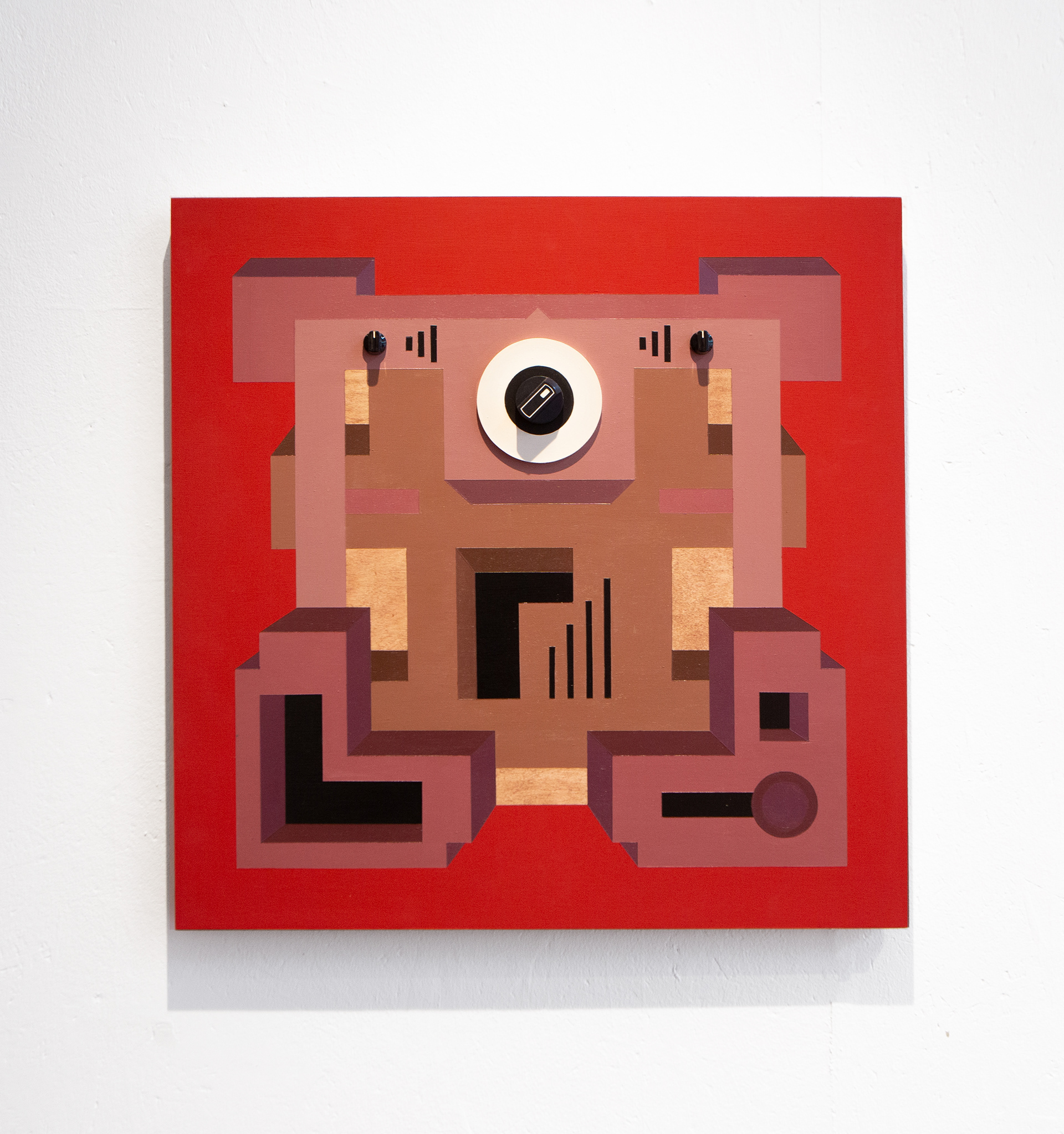 'Shortwave', Acrylic, wood stain, plastic dials and sapele veneer on birch plywood, 50 x 50 x 4cm, 2024