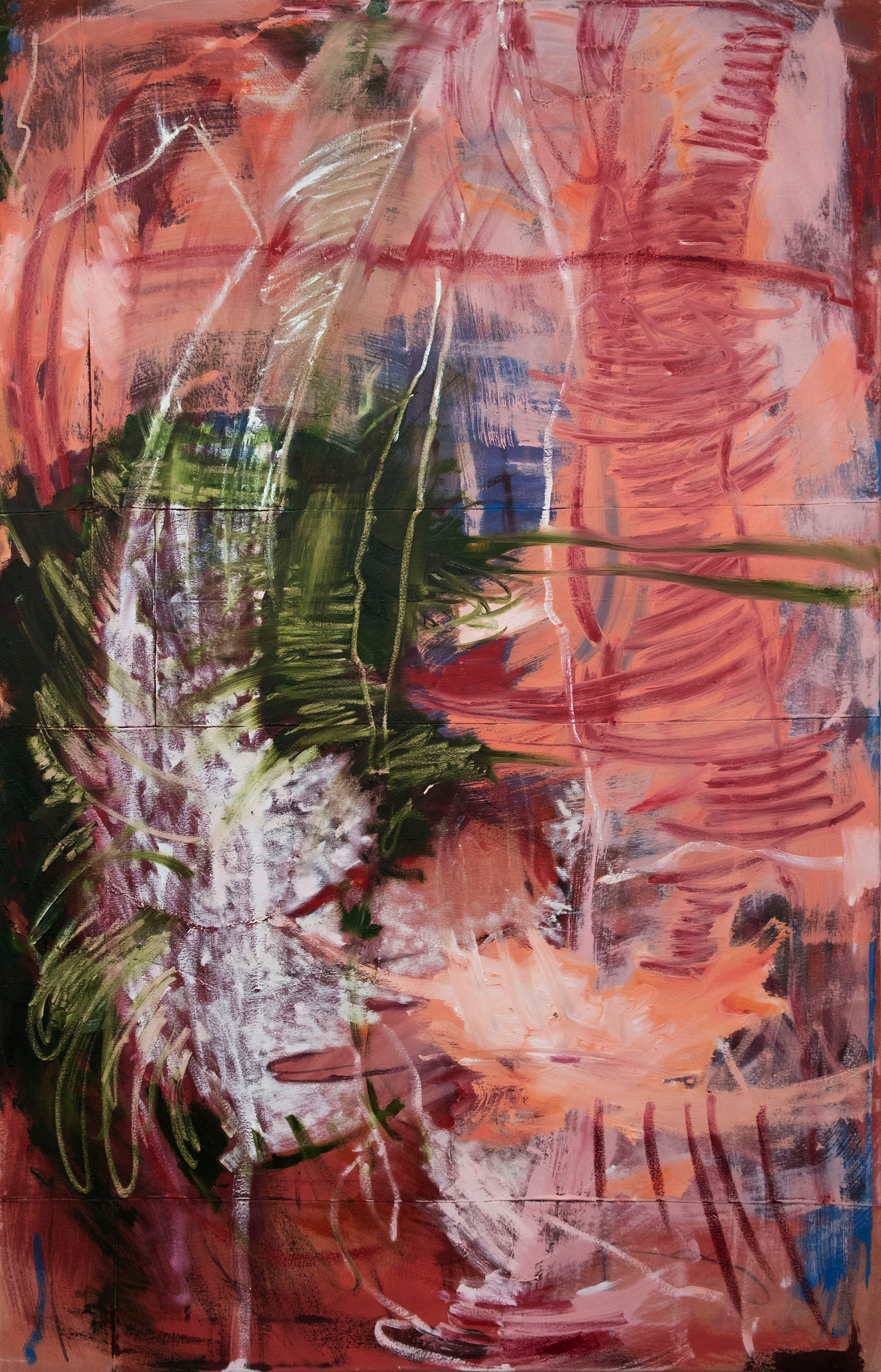 I shouldn’t care but I do, Ellie Walker, Oil, oil stick and thread on canvas, 170 x 110 cm, 2025