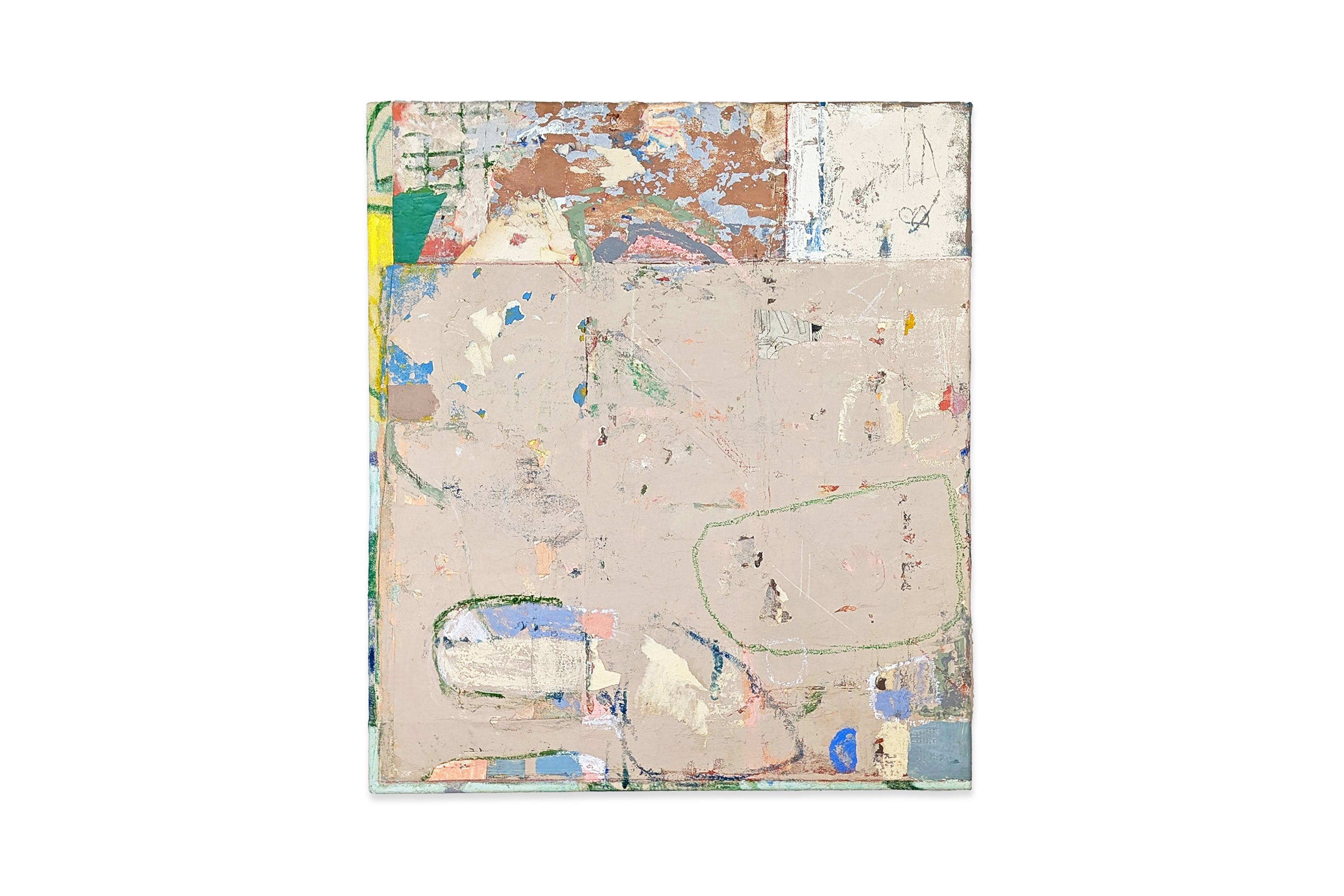 'When Using Phil’s Gated Reverb,' Oliver Lunn, Vintage papers, house paint, oil stick and mixed media on canvas 90 x 60 cm, 2025