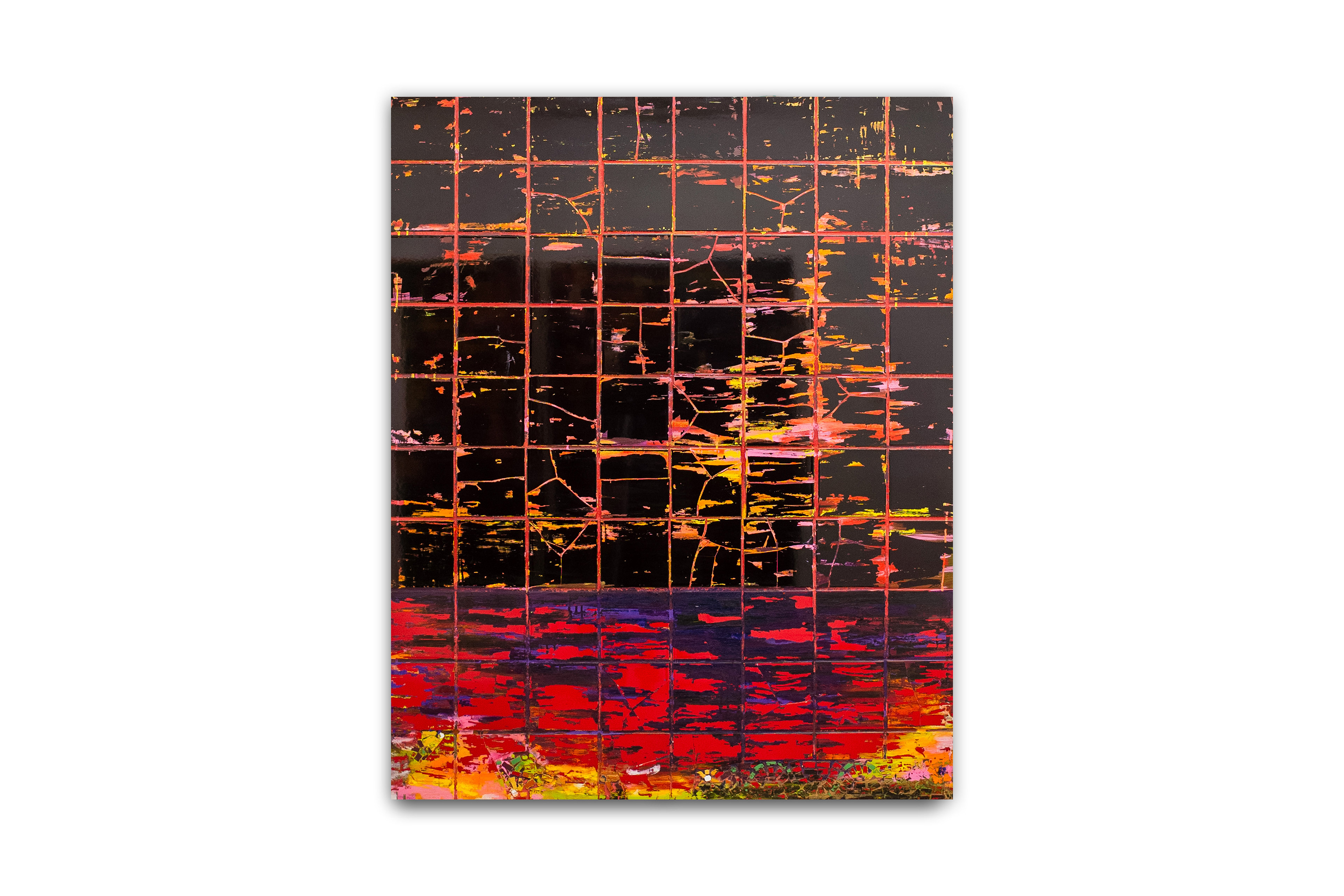 20:23 (love like a sunset),  Luca Longhi,  Tiles, plaster, grout, oil sticks, acrylic on board, 52 x 122,5 x 6 cm, 2025