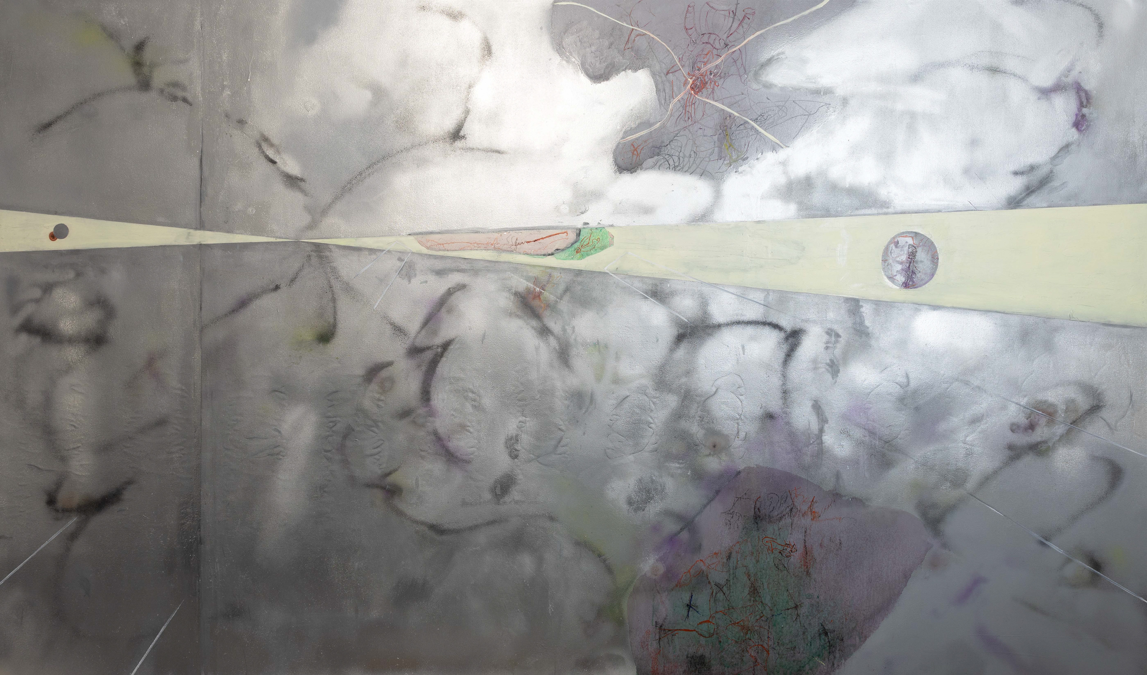 ‘P-1,’ 2026, oil and spray paint on canvas, 177 x 300 cm