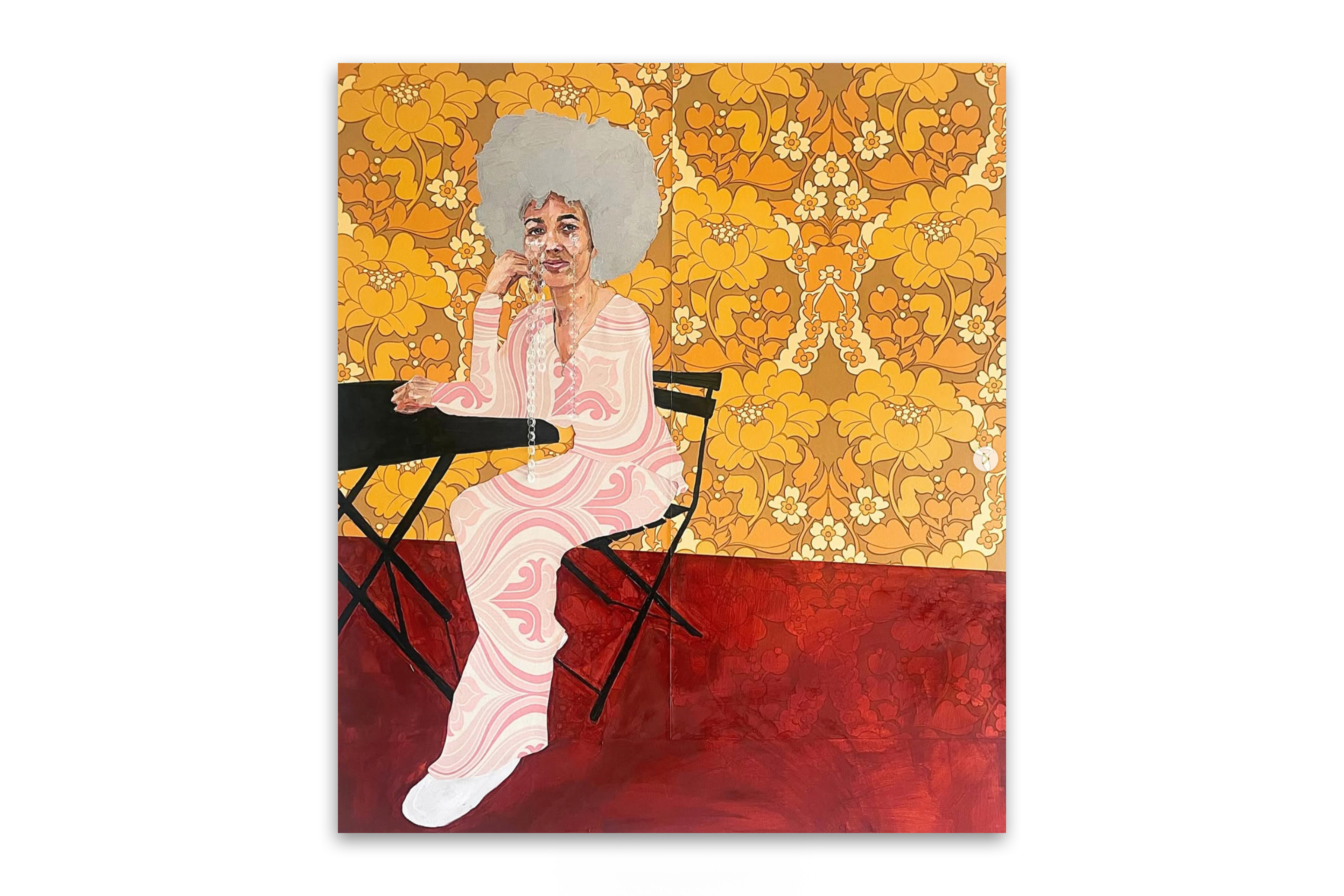 Sandy Girl’s Tears,  Yvadney Davis, Oil, Chrome Ink, Plastic Beads & Wallpaper on Canvas 120 x 100cm, 2025