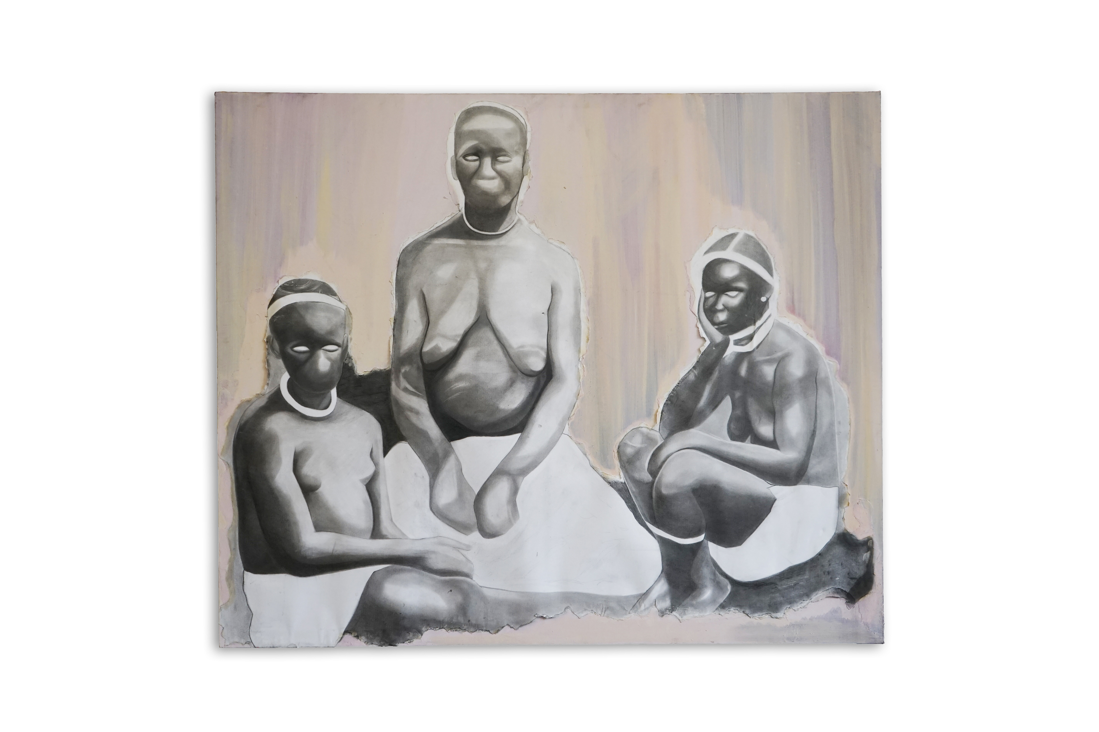 The Tender Trio, Natasha Muluswela, Graphite on paper mounted on oil on canvas, 80 x 120 cm, 2025