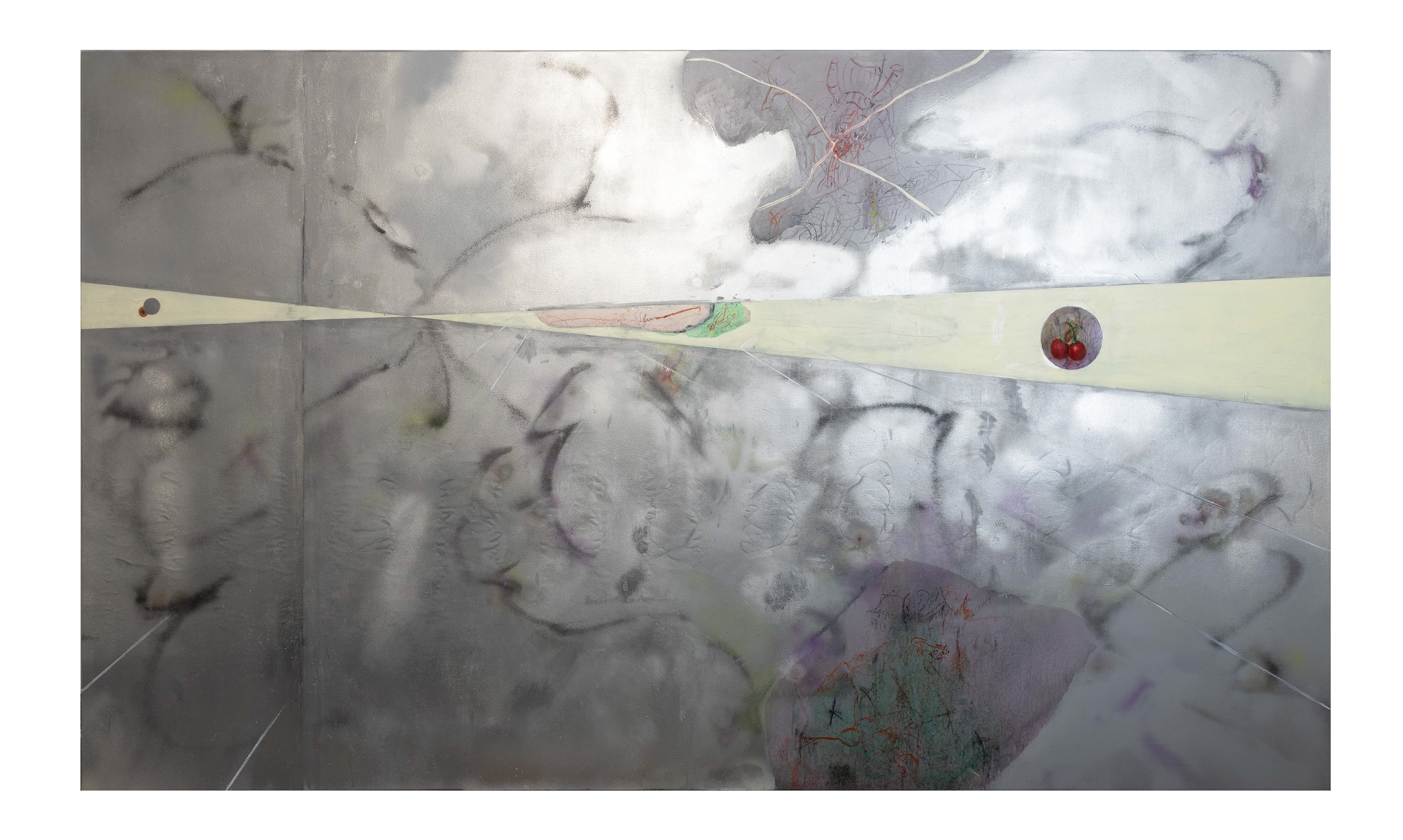 ‘P-1,’ oil and spray paint on canvas, 177 x 300 cm, 2026