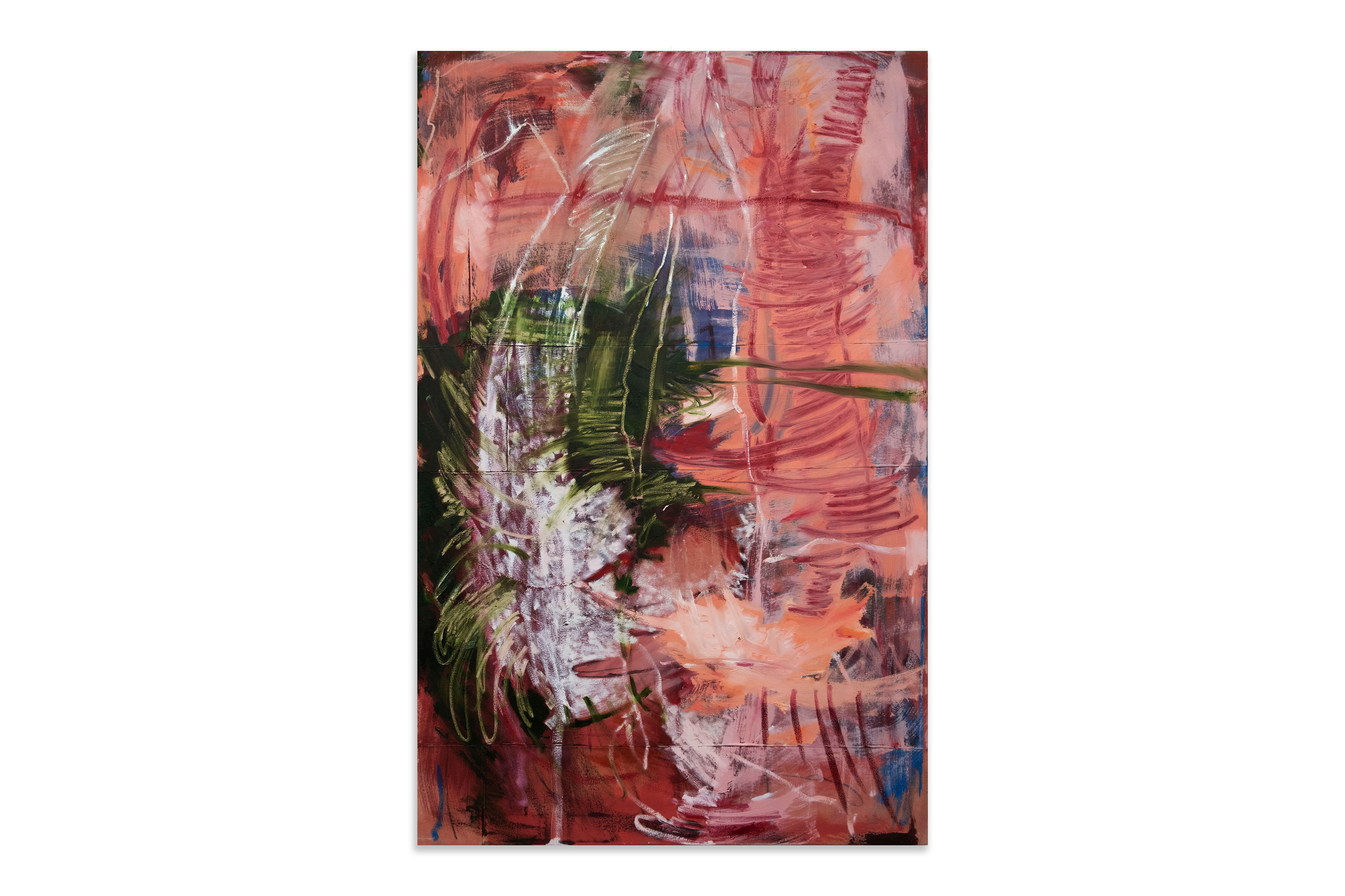 I shouldn’t care but I do, Ellie Walker, Oil, oil stick and thread on canvas, 170 x 110 cm, 2025