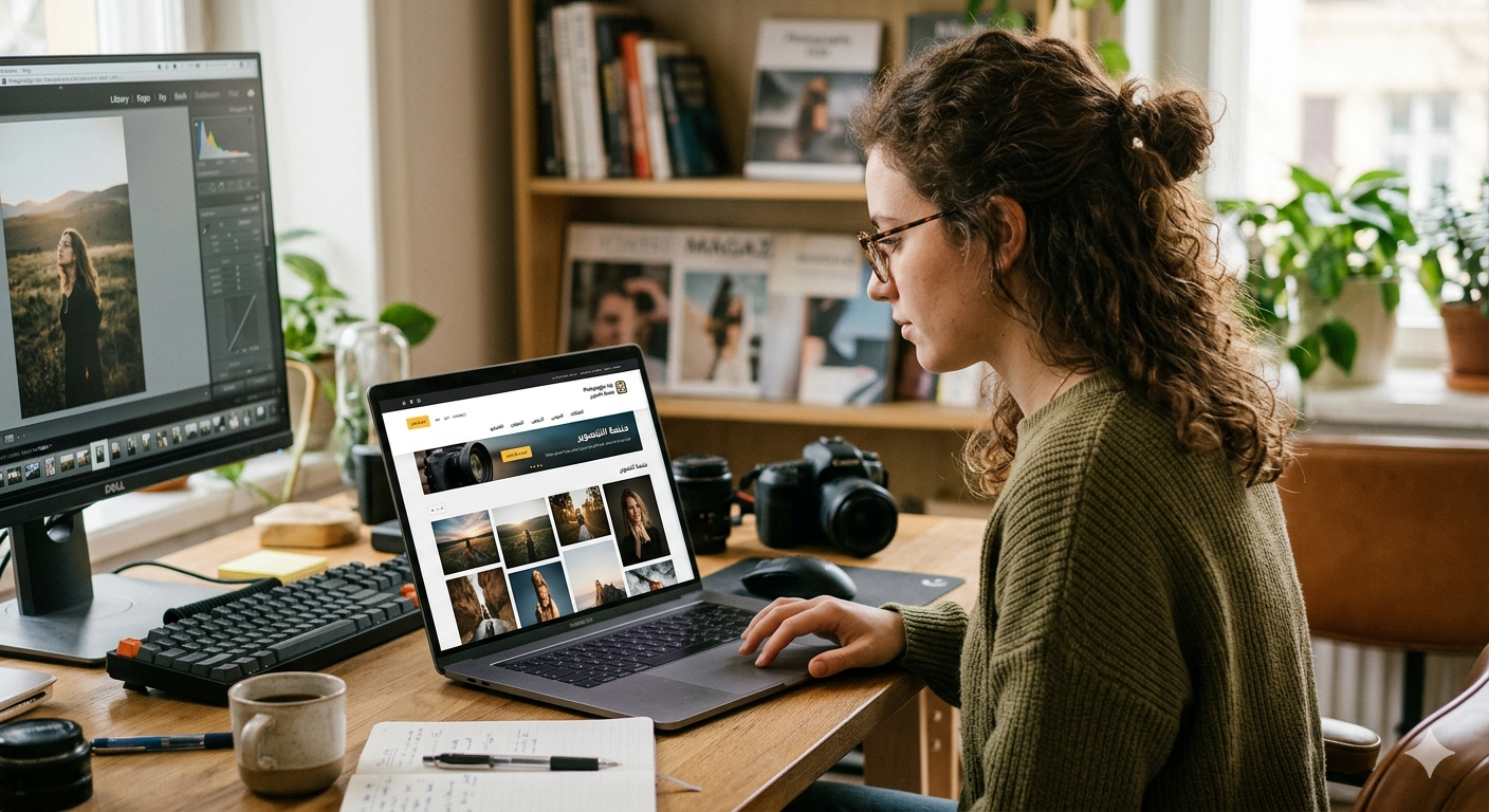 photo show photogrpher working on his website