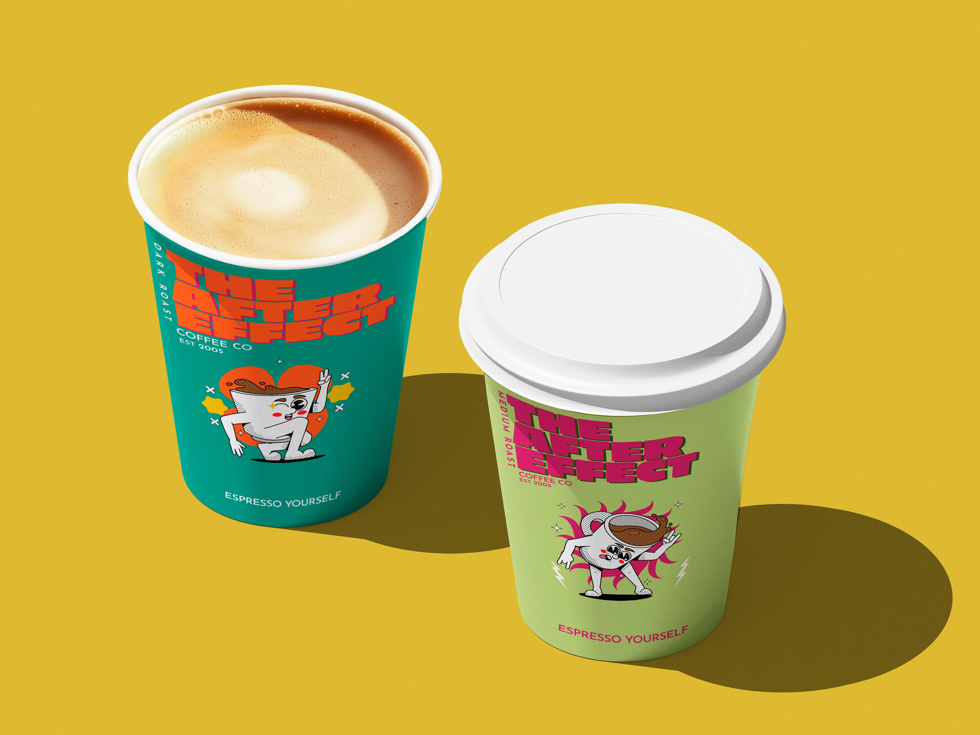 Concept; After Effect Coffee Company, Medium and Dark Roast, Coffee Cup Mockup