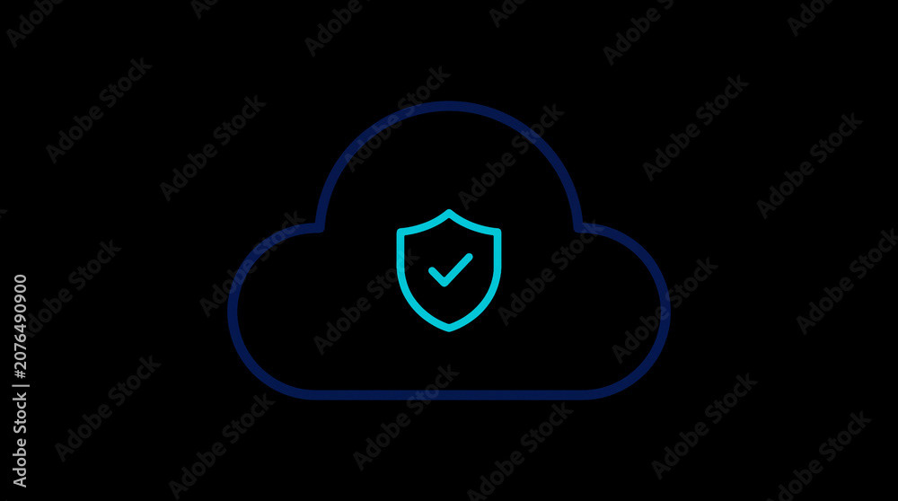 2D illuminated cloud icon in dark mode, symbolizing secure cloud computing and network security.