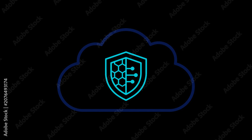 2D illuminated cloud icon in dark mode, symbolizing secure cloud computing and network security.