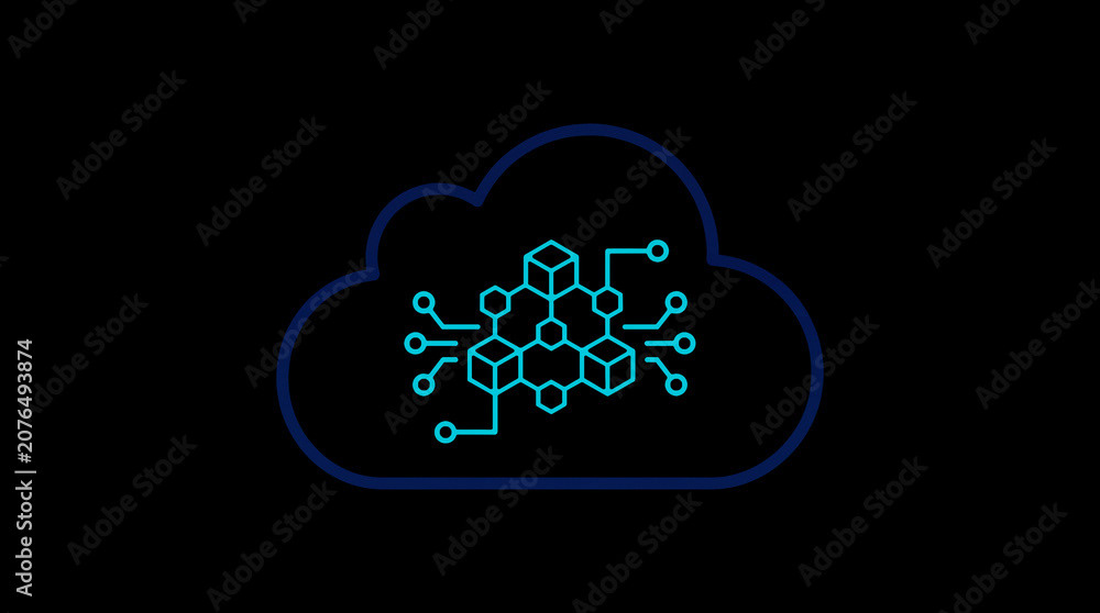 2D illuminated cloud icon in dark mode, symbolizing secure cloud computing and network security.