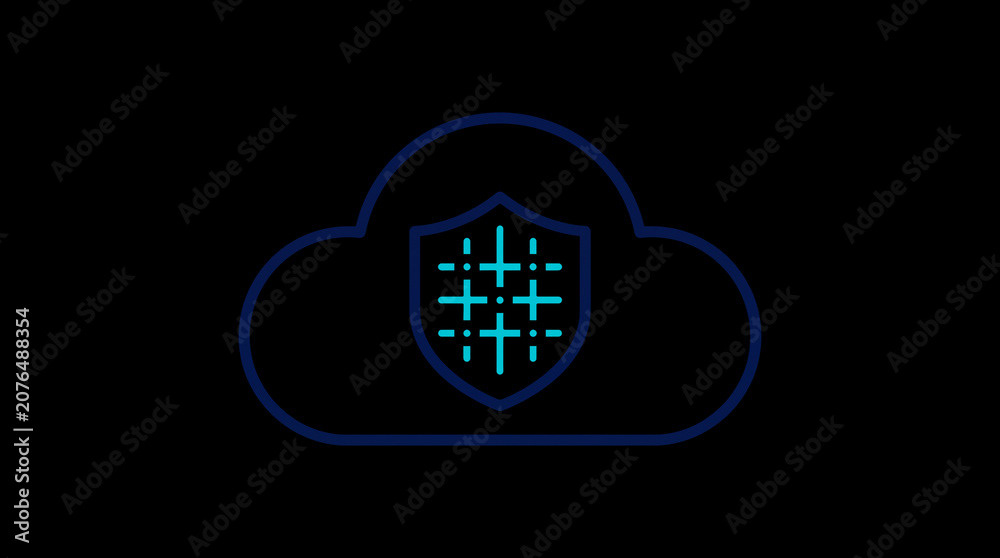 2D illuminated cloud icon in dark mode, symbolizing secure cloud computing and network security.