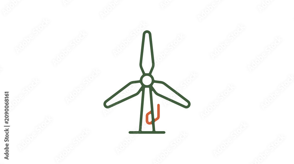 Minimalist illustration of a wind turbine and pipeline on a light background, symbolizing renewable energy and sustainable eco infrastructure.