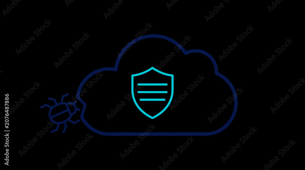 2D illuminated cloud icon in dark mode, symbolizing secure cloud computing and network security.