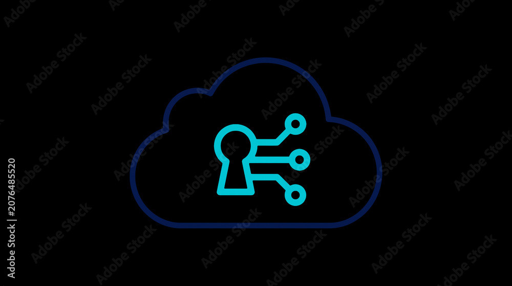 2D illuminated cloud icon in dark mode, symbolizing secure cloud computing and network security.