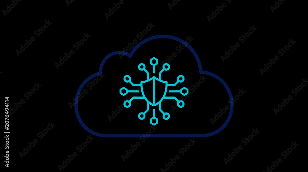 2D illuminated cloud icon in dark mode, symbolizing secure cloud computing and network security.