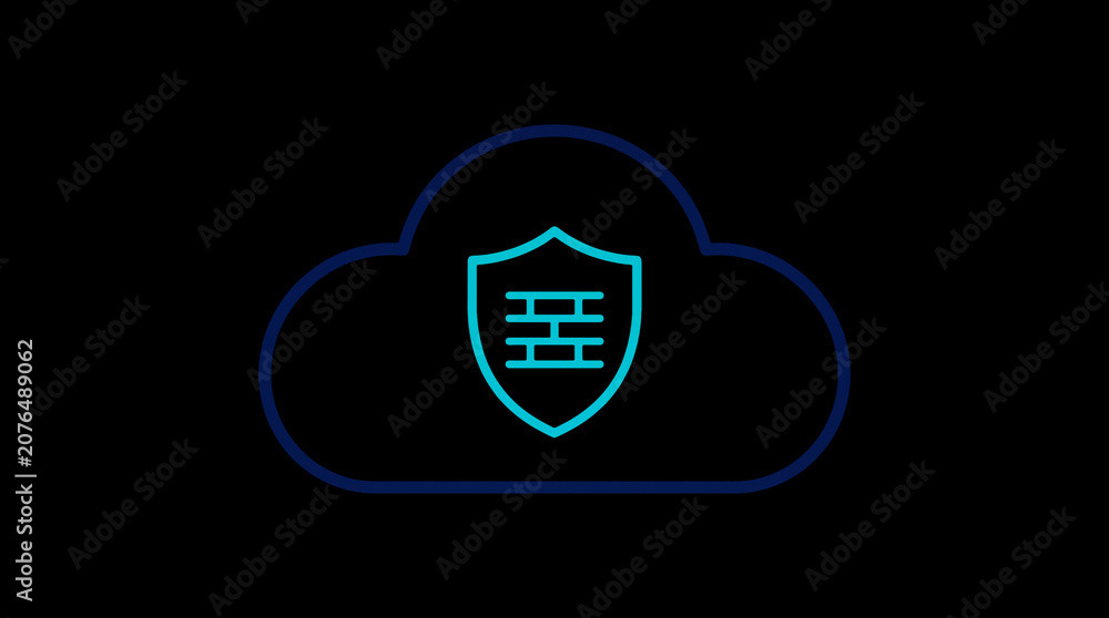 2D illuminated cloud icon in dark mode, symbolizing secure cloud computing and network security.