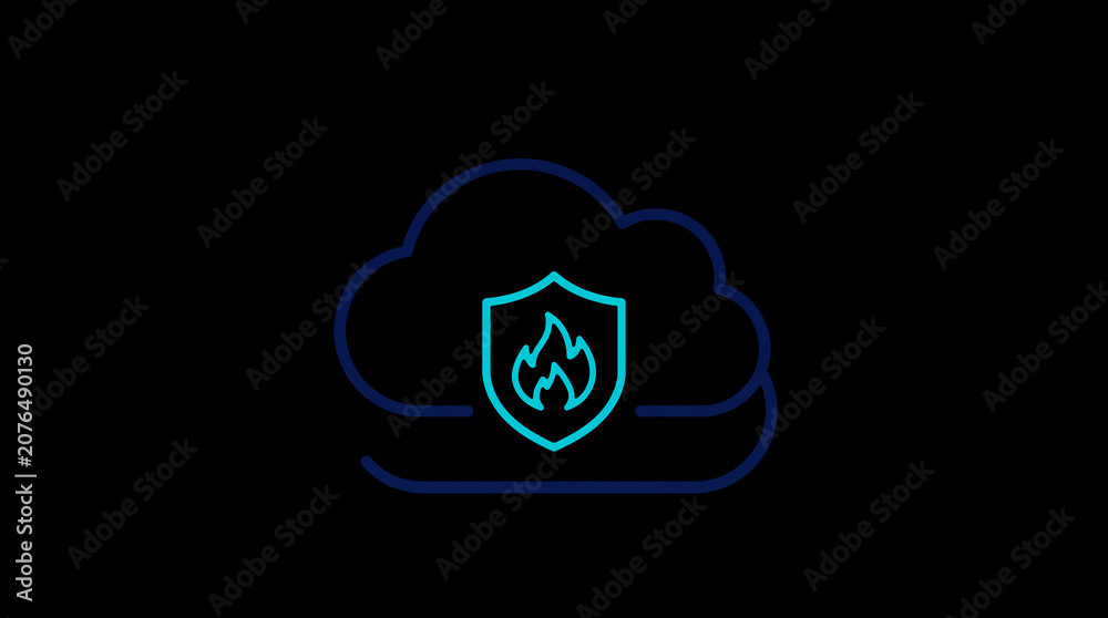 2D illuminated cloud icon in dark mode, symbolizing secure cloud computing and network security.
