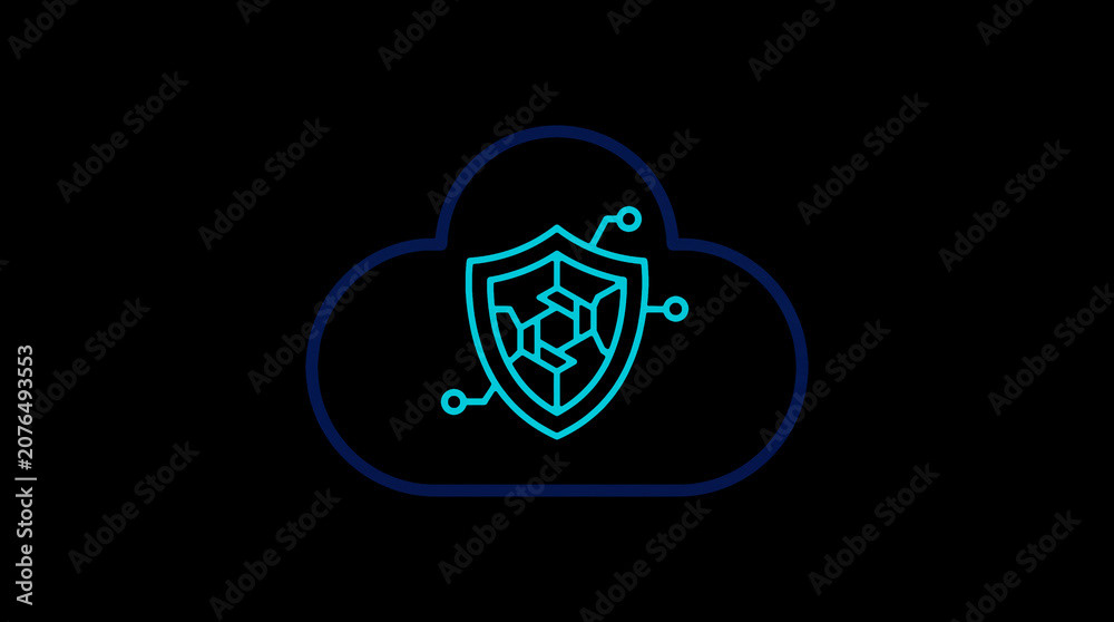 2D illuminated cloud icon in dark mode, symbolizing secure cloud computing and network security.