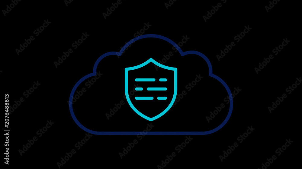 2D illuminated cloud icon in dark mode, symbolizing secure cloud computing and network security.