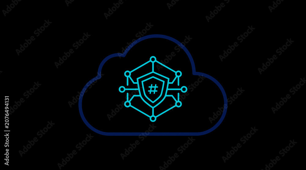 2D illuminated cloud icon in dark mode, symbolizing secure cloud computing and network security.