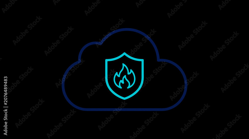 2D illuminated cloud icon in dark mode, symbolizing secure cloud computing and network security.