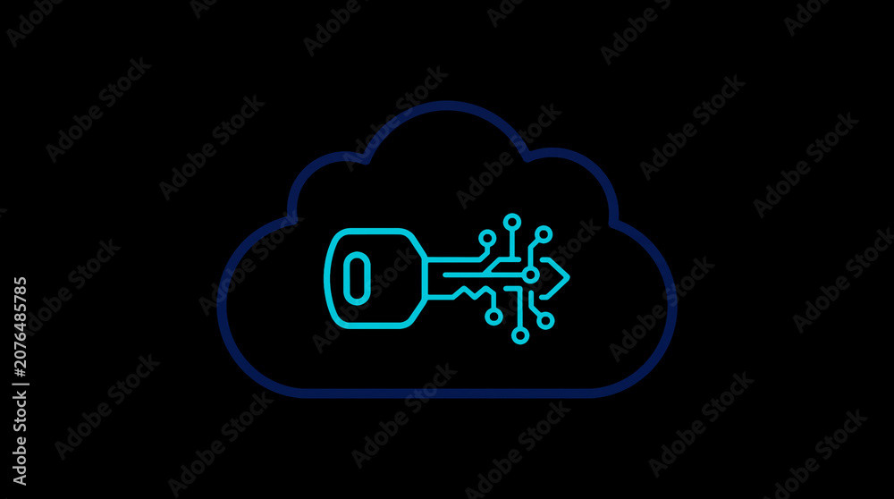 2D illuminated cloud icon in dark mode, symbolizing secure cloud computing and network security.