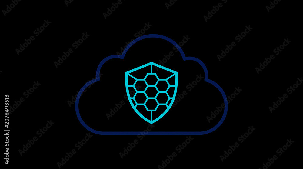 2D illuminated cloud icon in dark mode, symbolizing secure cloud computing and network security.