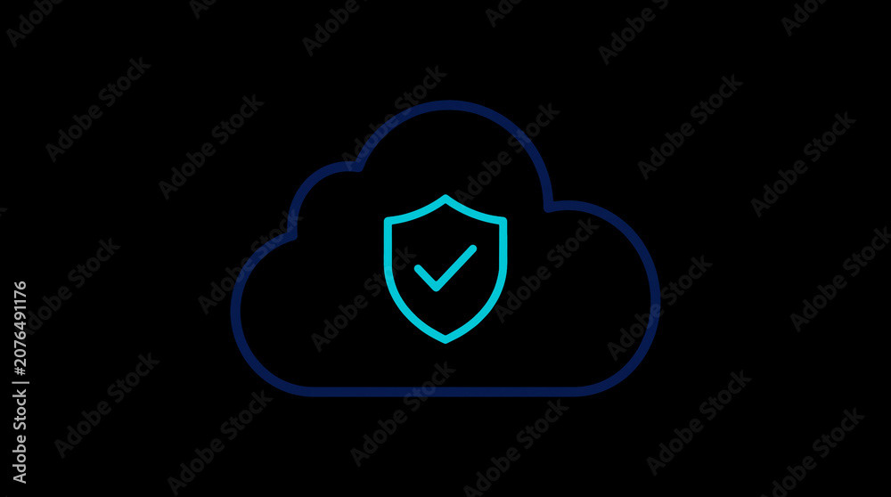 2D illuminated cloud icon in dark mode, symbolizing secure cloud computing and network security.