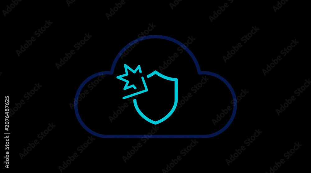 2D illuminated cloud icon in dark mode, symbolizing secure cloud computing and network security.
