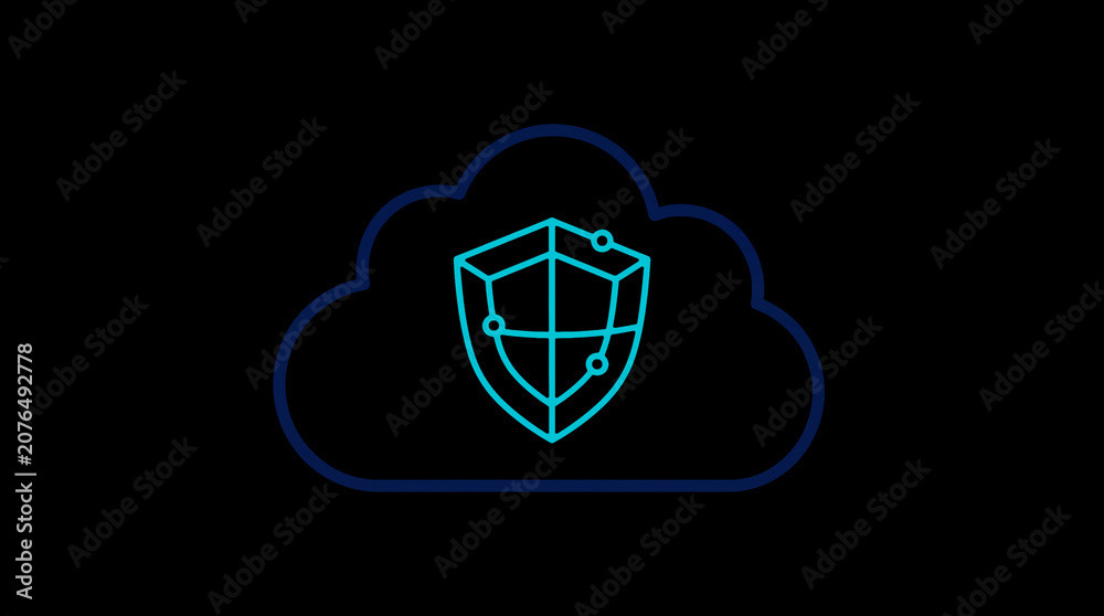 2D illuminated cloud icon in dark mode, symbolizing secure cloud computing and network security.