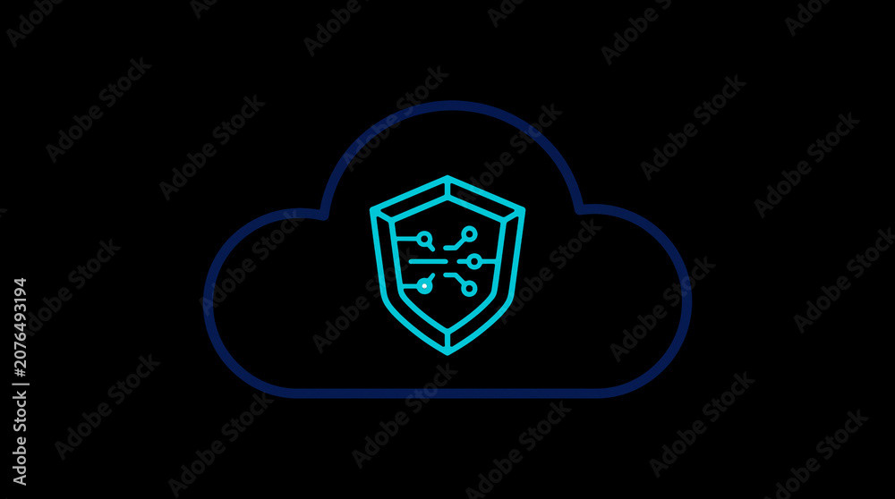 2D illuminated cloud icon in dark mode, symbolizing secure cloud computing and network security.