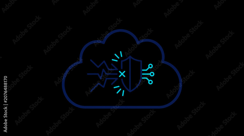 2D illuminated cloud icon in dark mode, symbolizing secure cloud computing and network security.