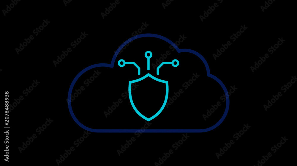 2D illuminated cloud icon in dark mode, symbolizing secure cloud computing and network security.