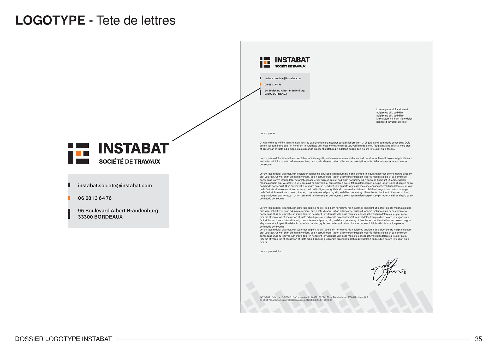 Tête de lettre avec l'identité visuelle de l'entreprise Instabat. Letterhead with the visual identity of the company Instabat.