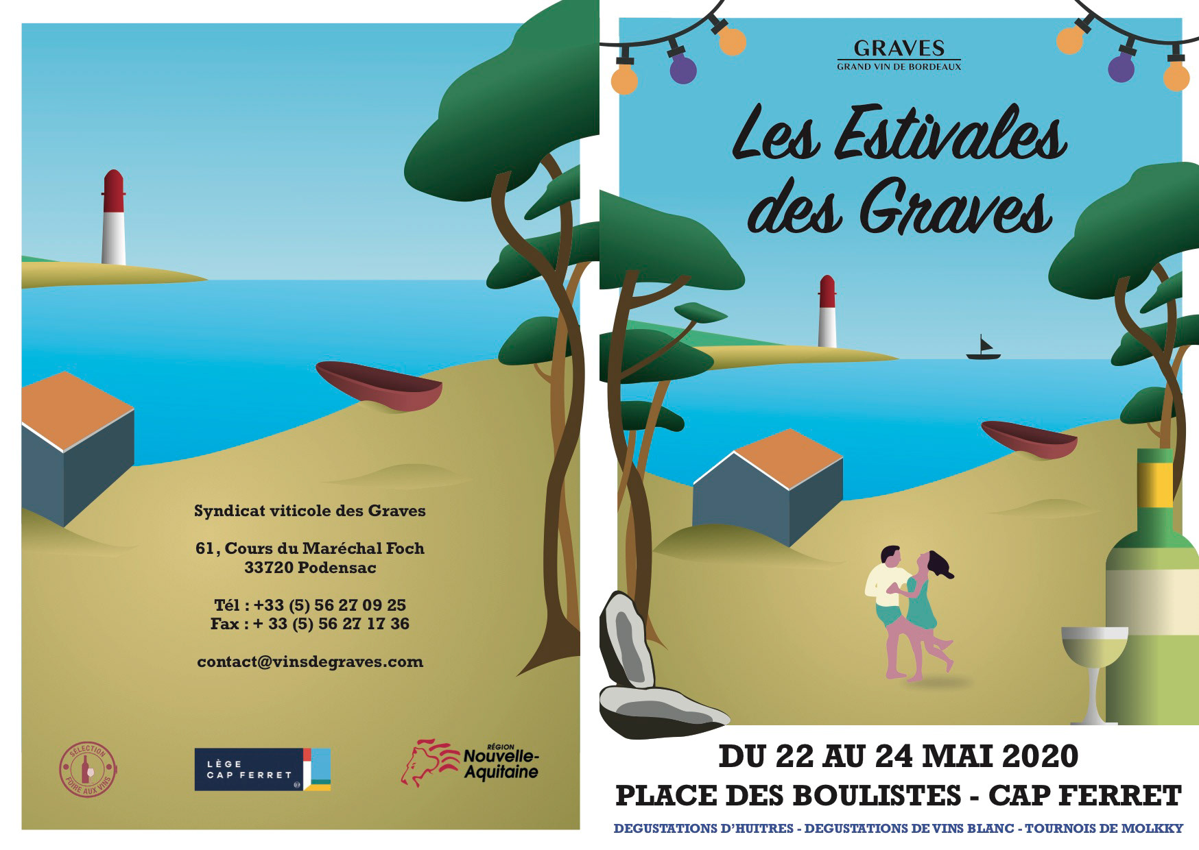 Premiere et dernière de couverture du dépliant pour l'événement des "Vins de Graves" au Cap Ferret, "Les Estivales des Graves". First and last cover of the leaflet for the "Vins de Graves" event in Cap Ferret, "Les Estivales des Graves".